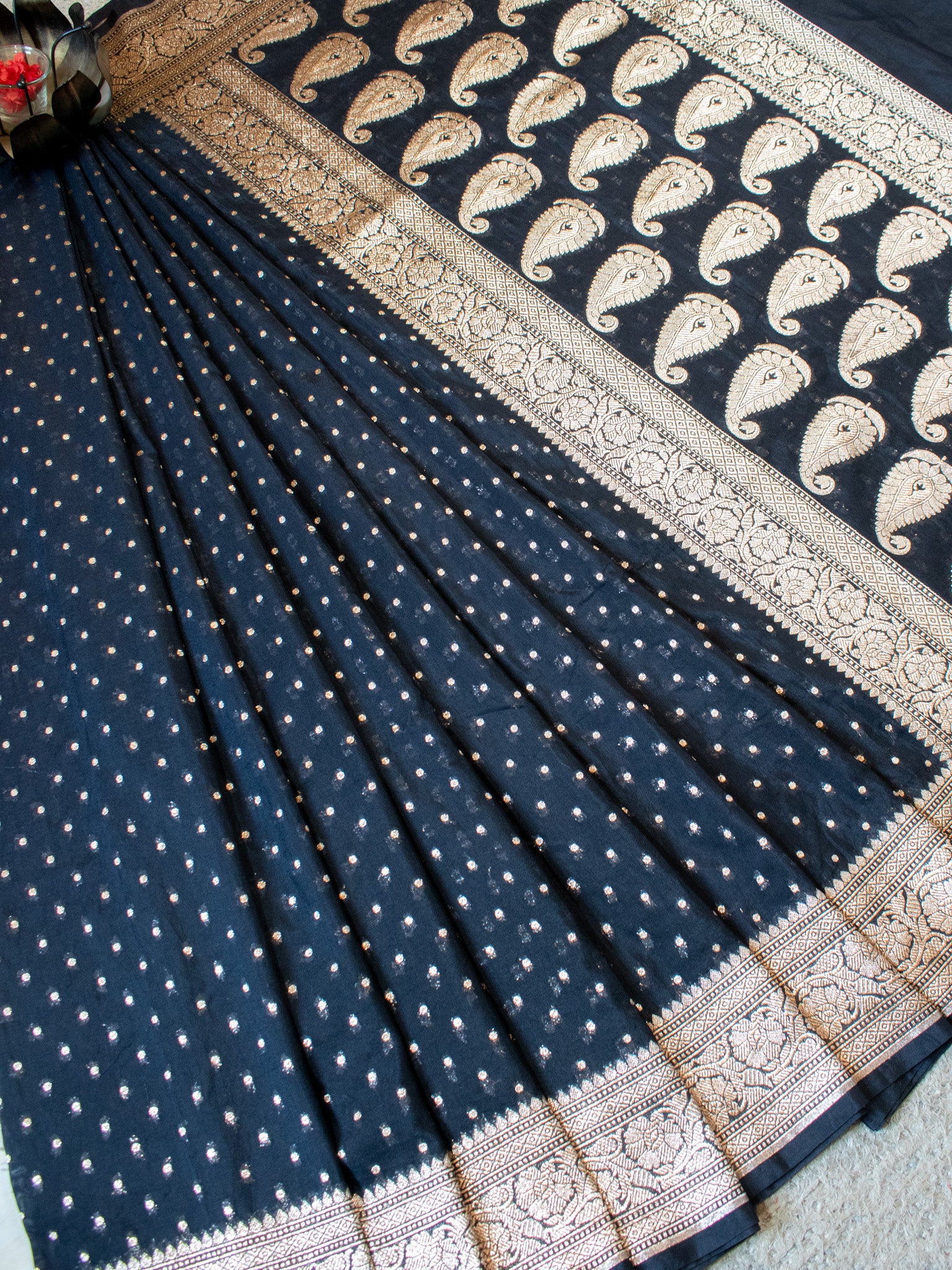 Banarasi Semi Chiffon Saree Silver Zari Buti Weaving & Border-Black