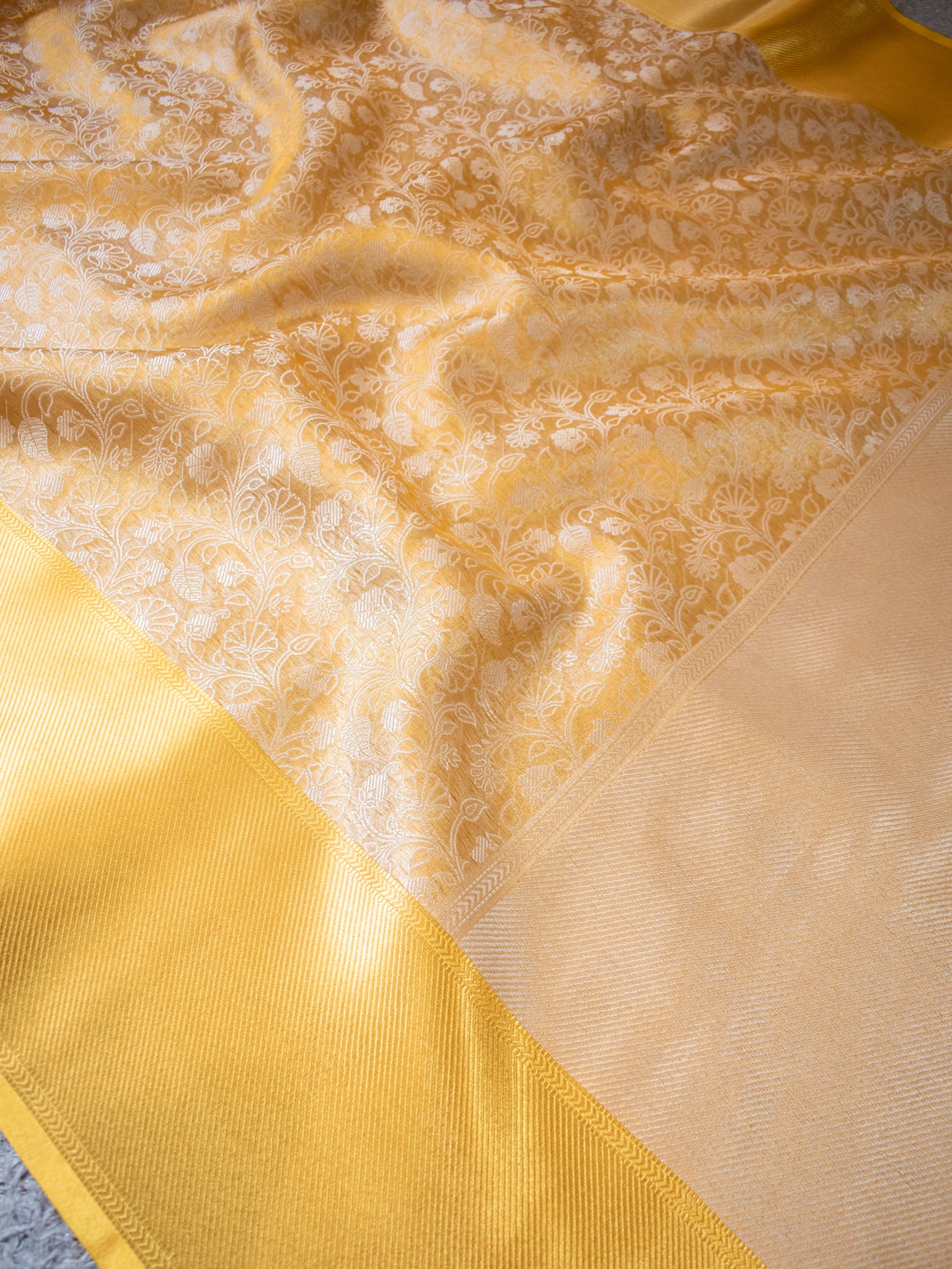 Banarasi Kora Saree With Silver Zari & Border - Yellow