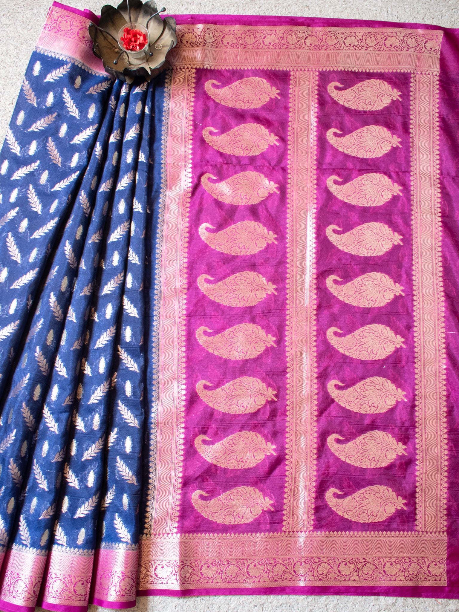 Banarasi Semi Silk Saree With Silver Zari Weaving & Contrast Border- Blue