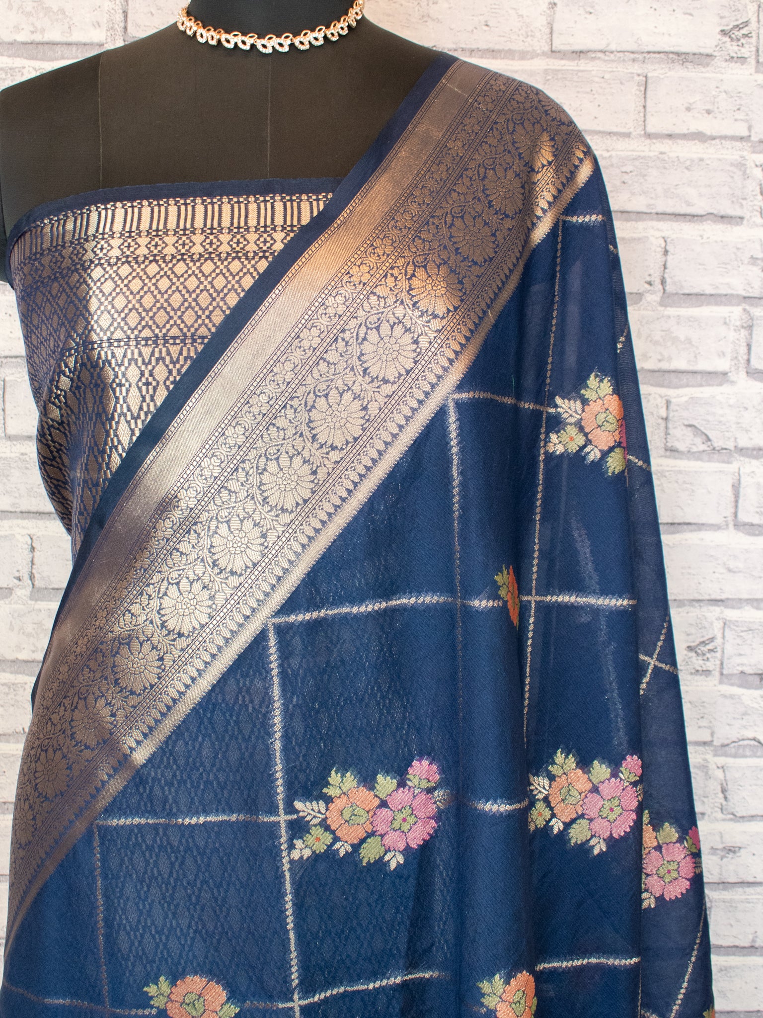Banarasi Semi Georgette Saree with Floral Weaving & Border- Blue