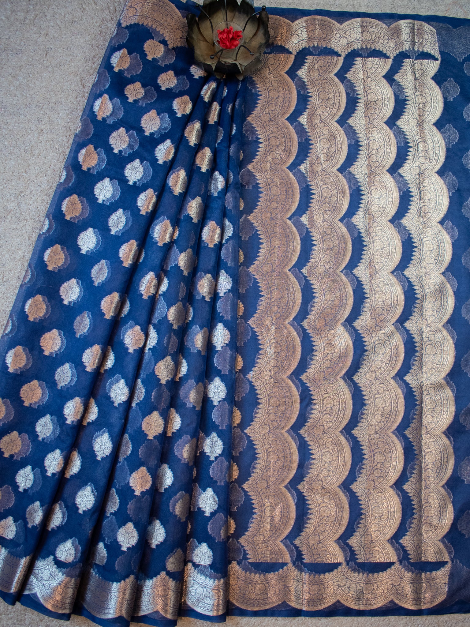 Banarasi Organza Saree With Zari Buta & Border- Blue