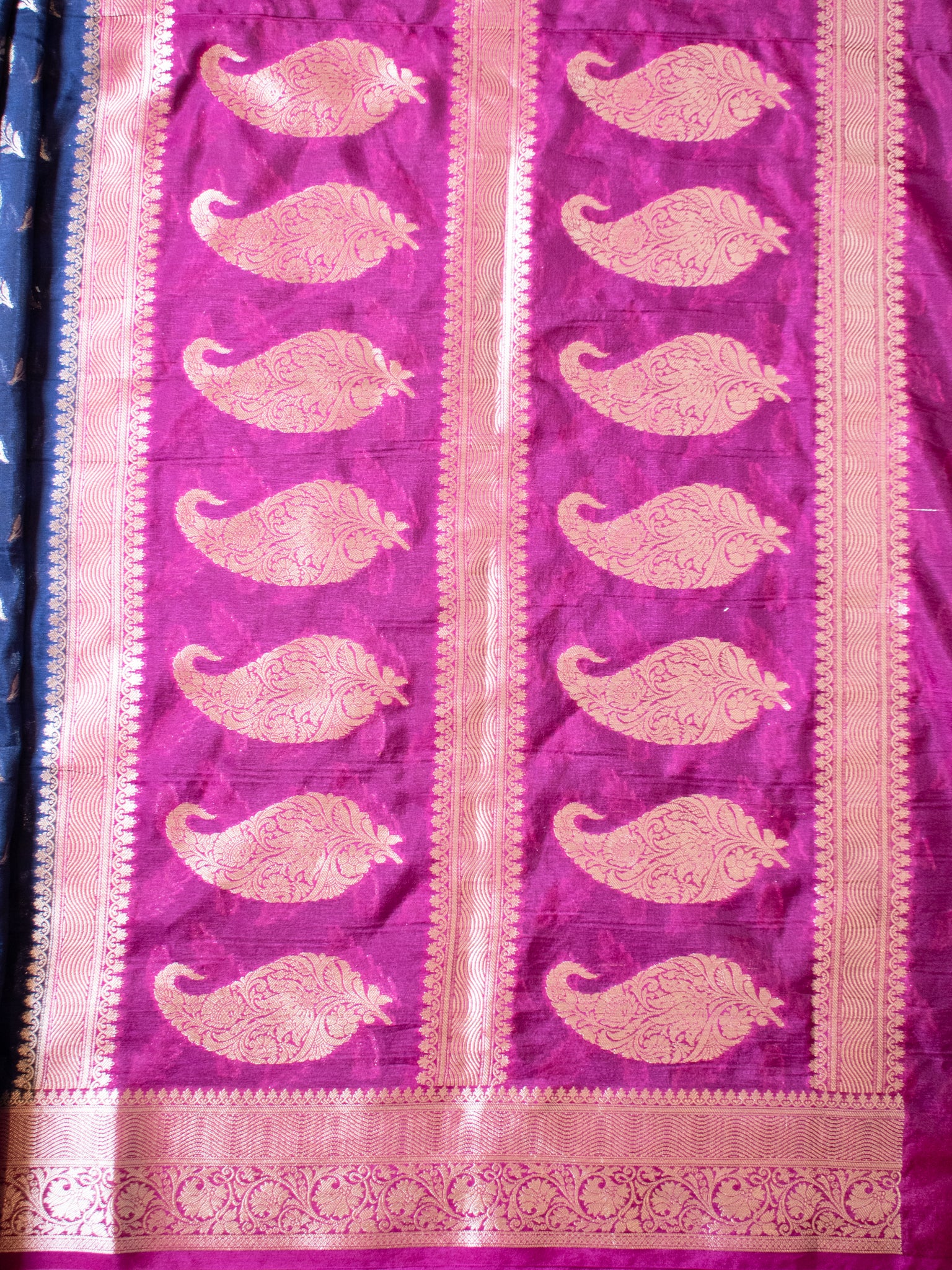 Banarasi Semi Silk Saree With Silver Zari Weaving & Contrast Border- Blue