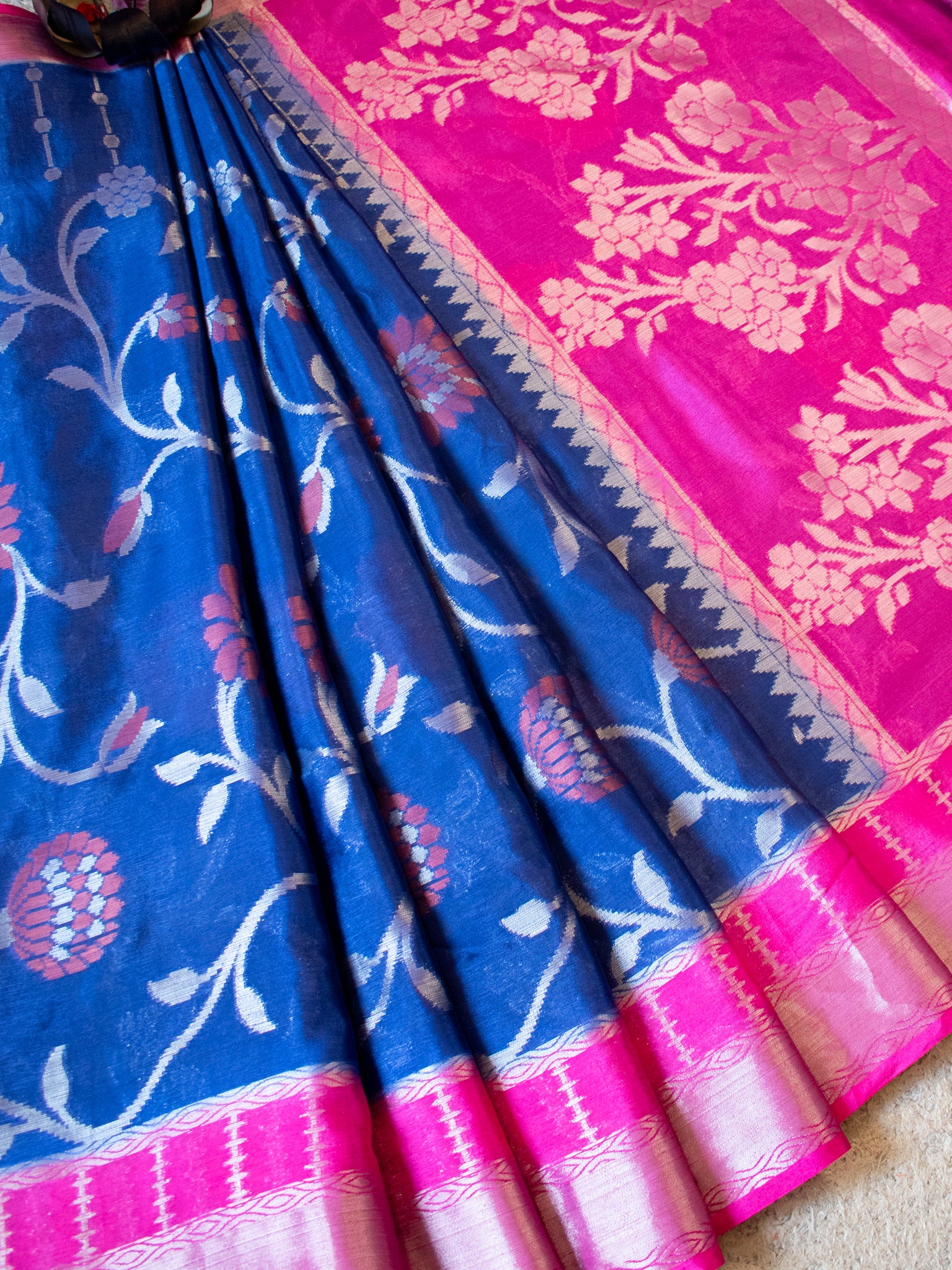 Banarasi Cotton Mix Saree with Floral Weaving & Border- Blue