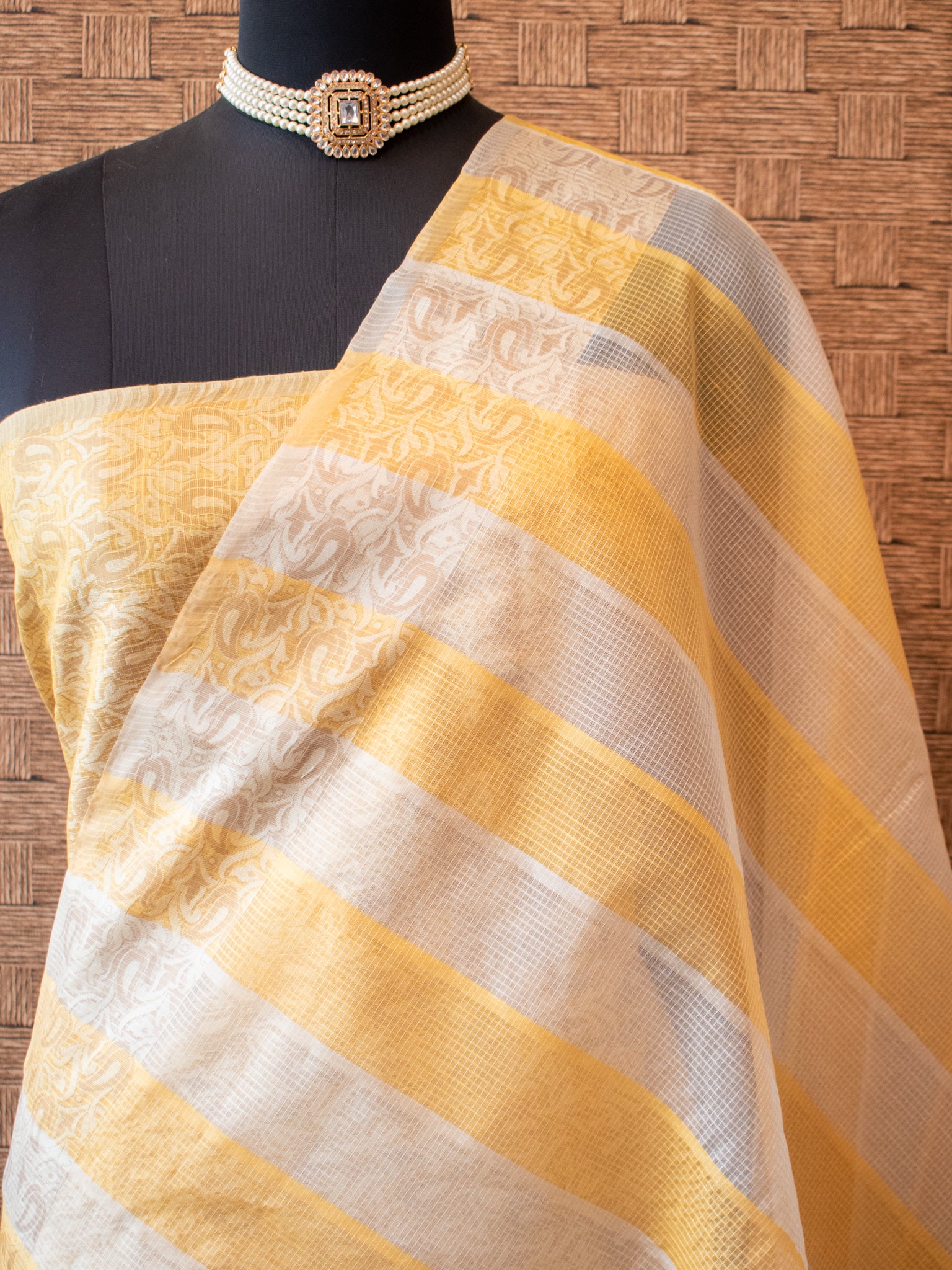 Banarasi Kota Check Saree with Resham Weaving Border- Yellow