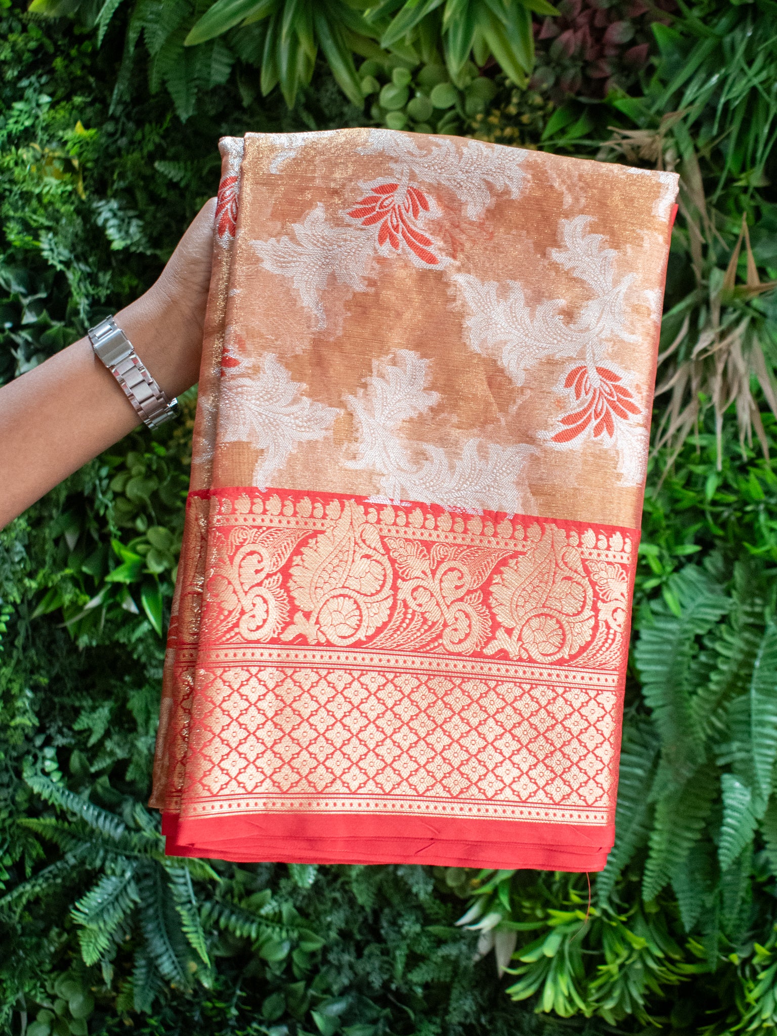 Banarasi Tissue Silver Zari Weaving Saree With Contrast Skirt Border