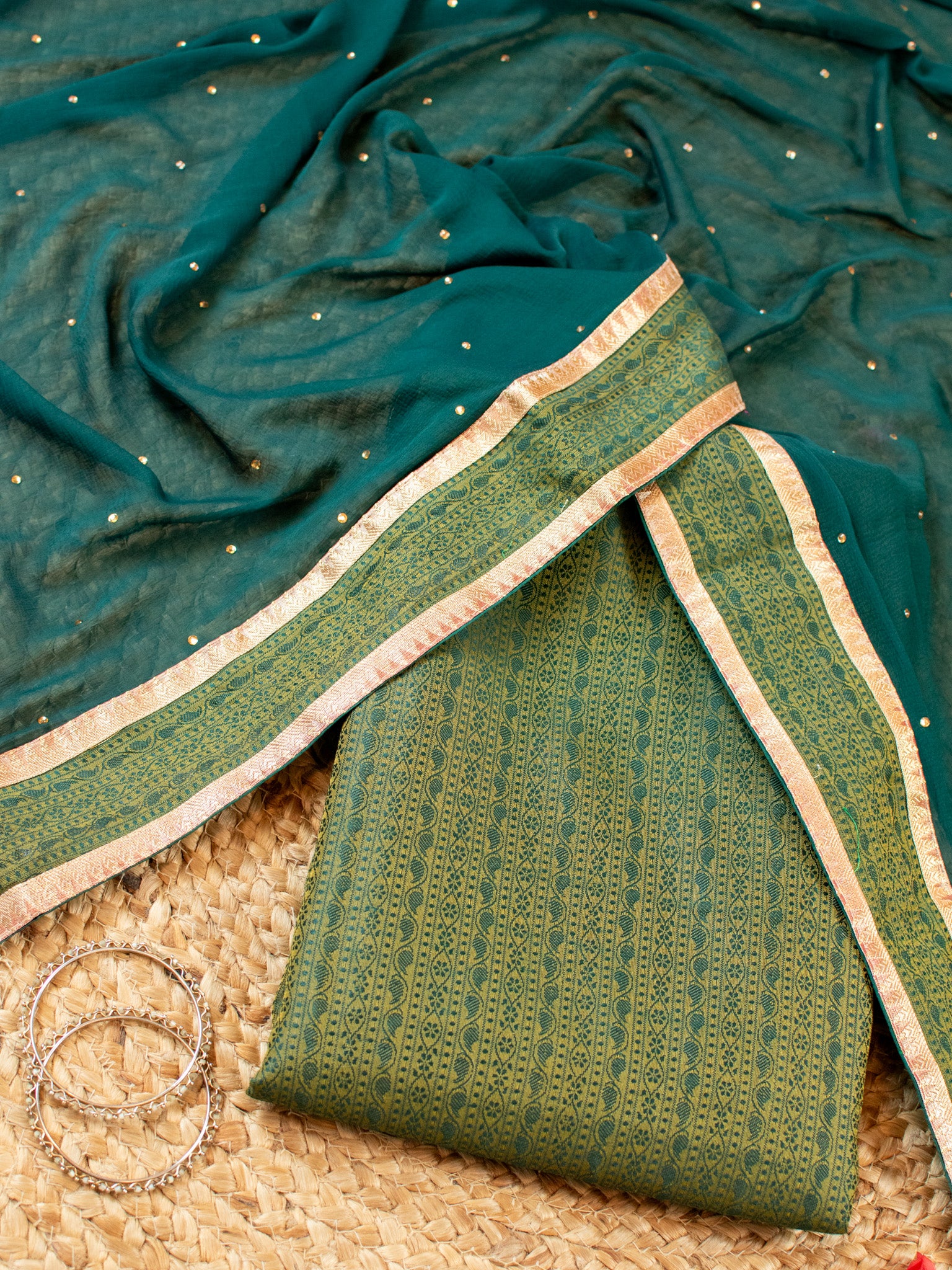Banarasi Cotton Silk Resham Weaving Salwar Kameez Material With Dupatta-Green