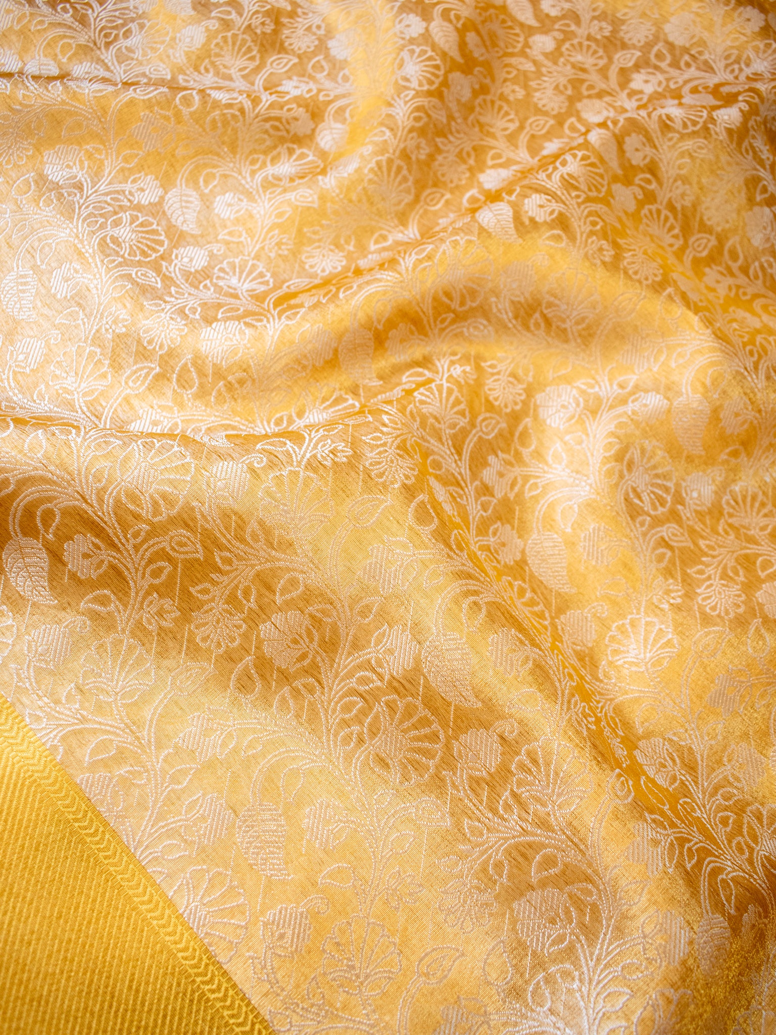 Banarasi Kora Saree With Silver Zari & Border - Yellow