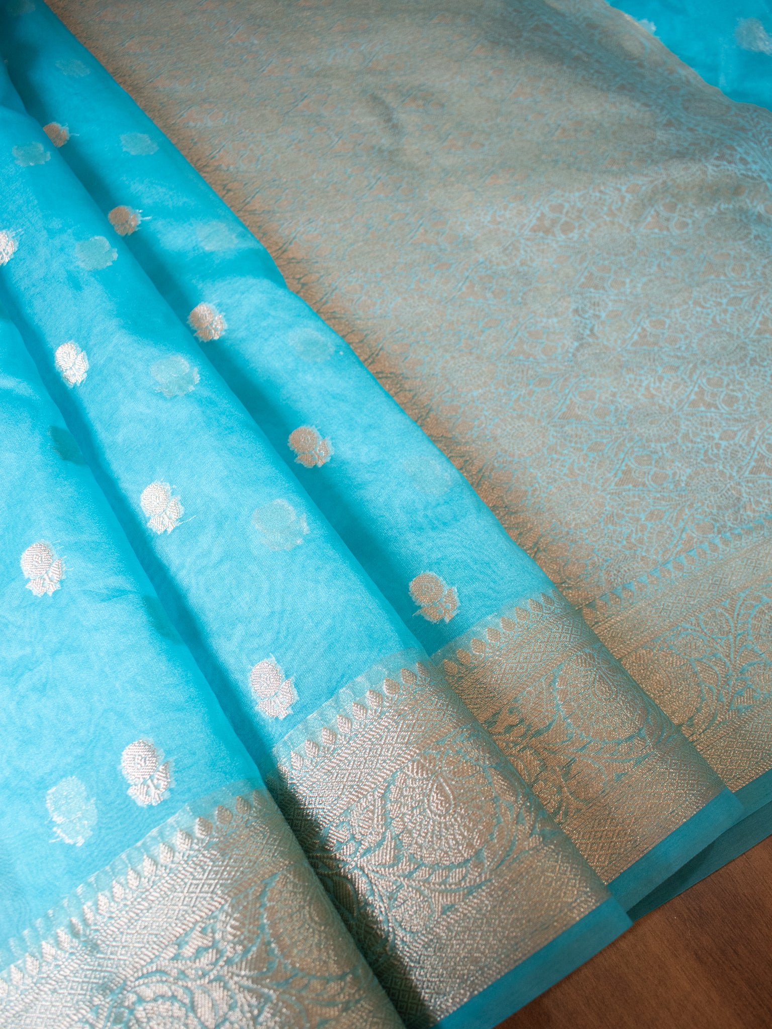 Banarasi Organza Mix Saree With Zari Weaving & Border- Blue