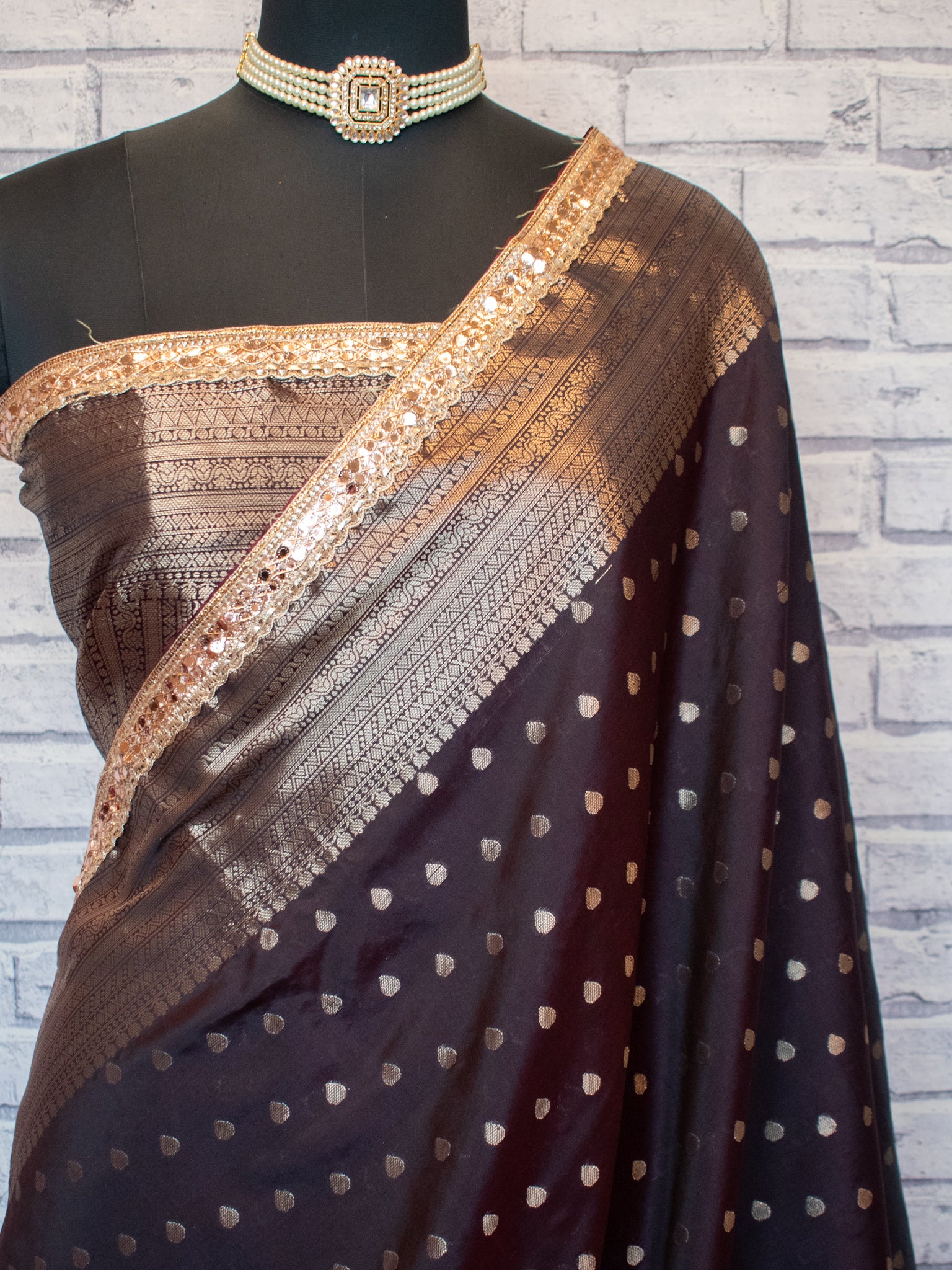 Banarasi Semi Silk Saree with Zari Buti Weaving & Lace Border - Brown