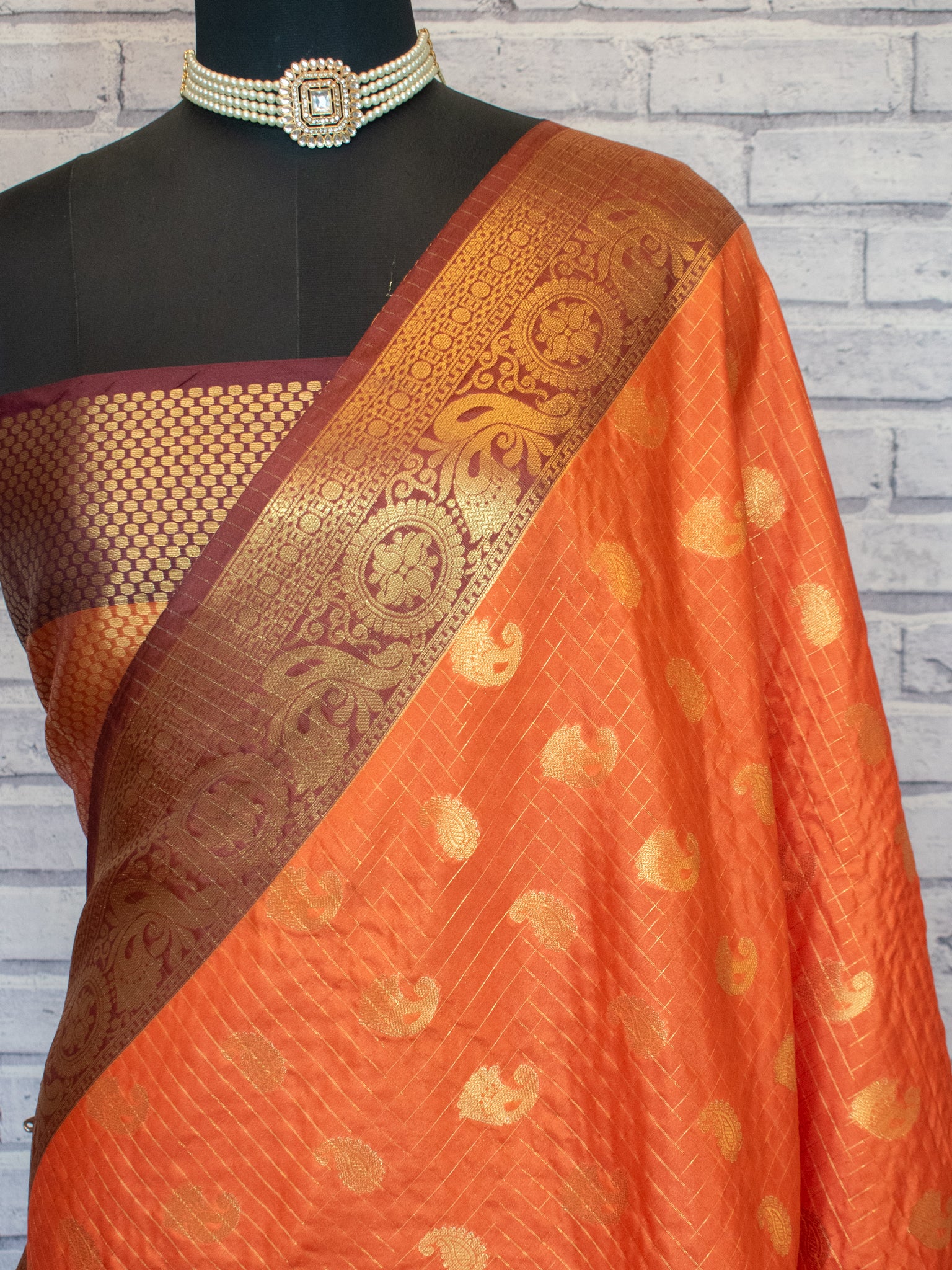 Banarasi Cotton Silk Saree With Contrast Border- Orange