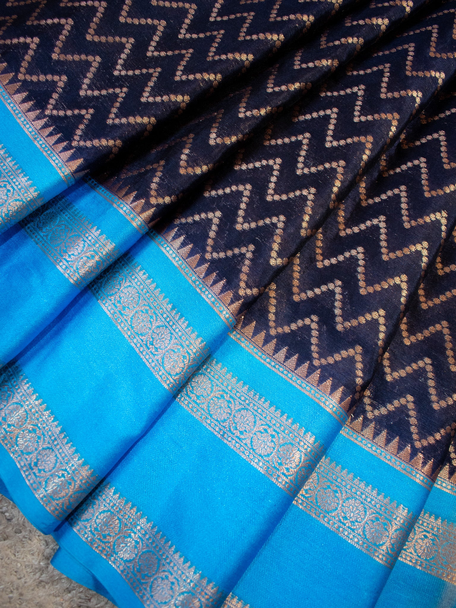 Banarasi Cotton Silk Saree With Silver Zari Border-Blue