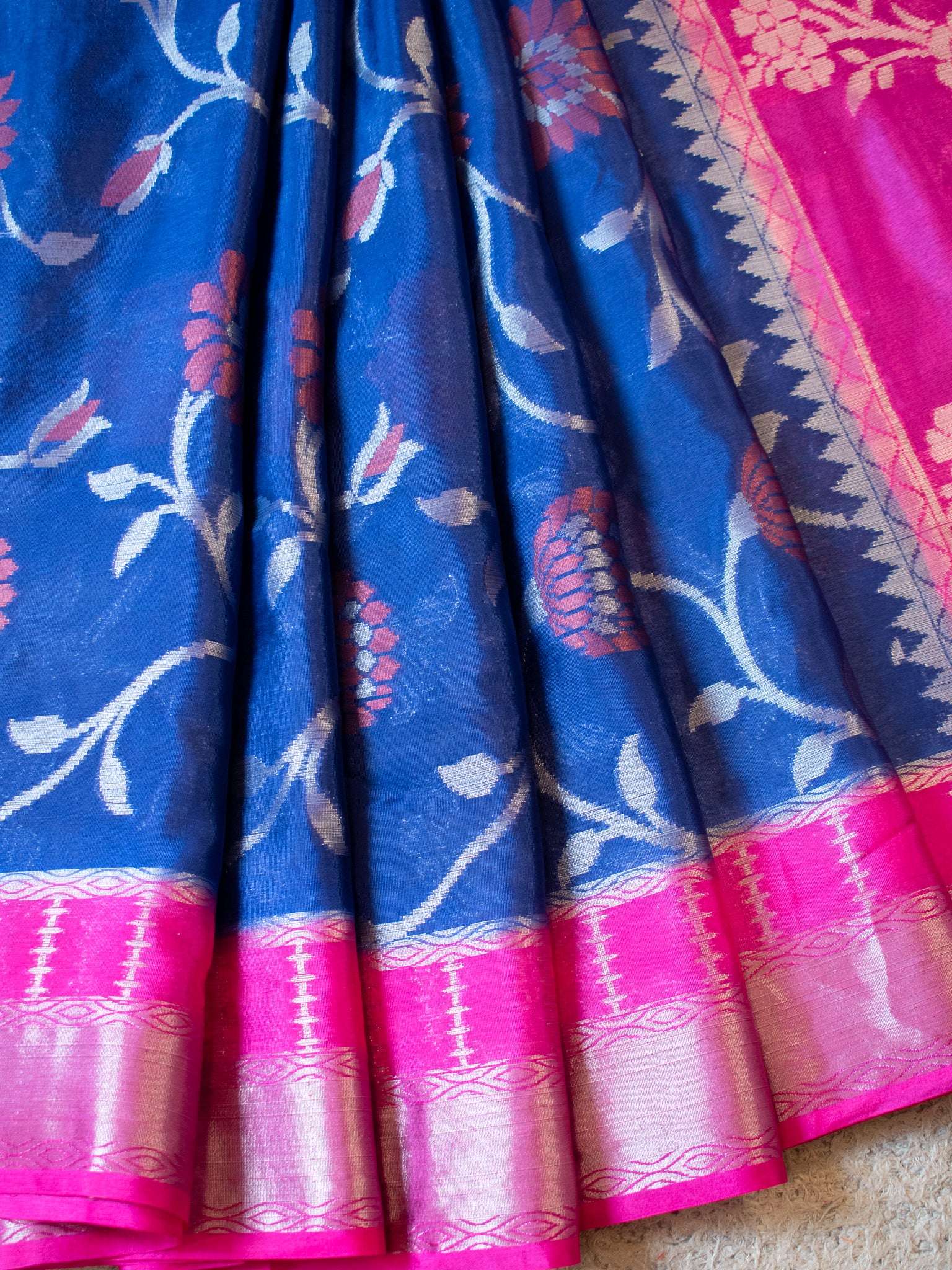 Banarasi Cotton Mix Saree with Floral Weaving & Border- Blue