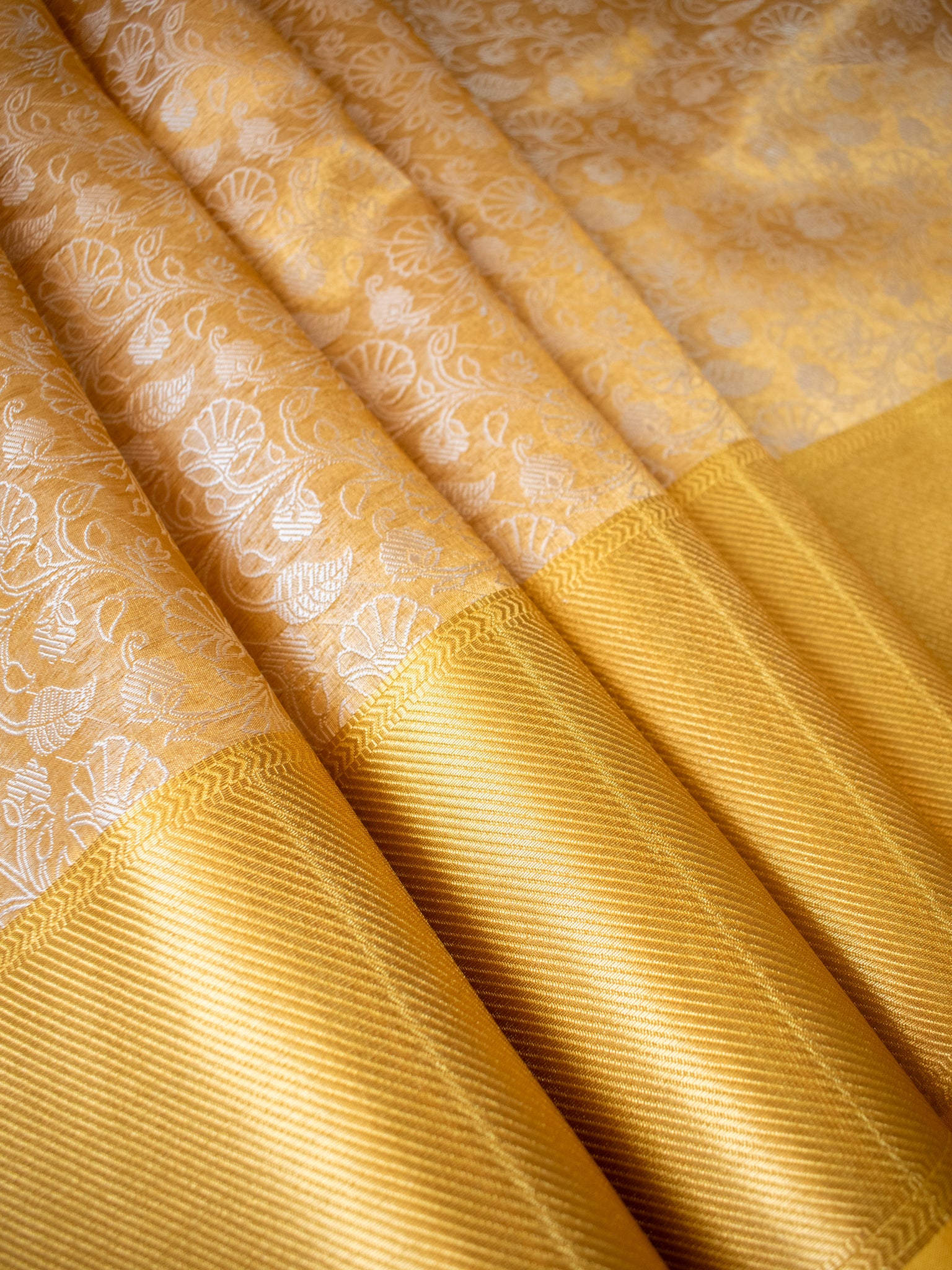 Banarasi Kora Saree With Silver Zari & Border - Yellow