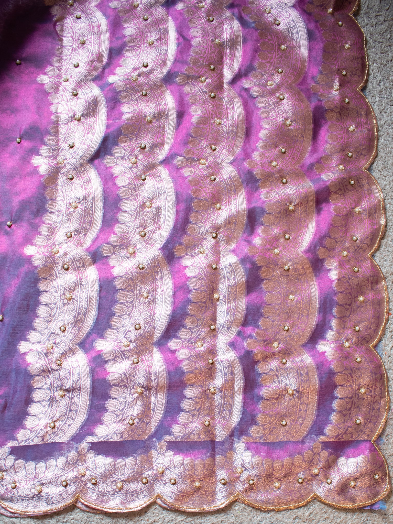 Banarasi Tissue Saree With Zari Weaving & Scallop Border - Purple