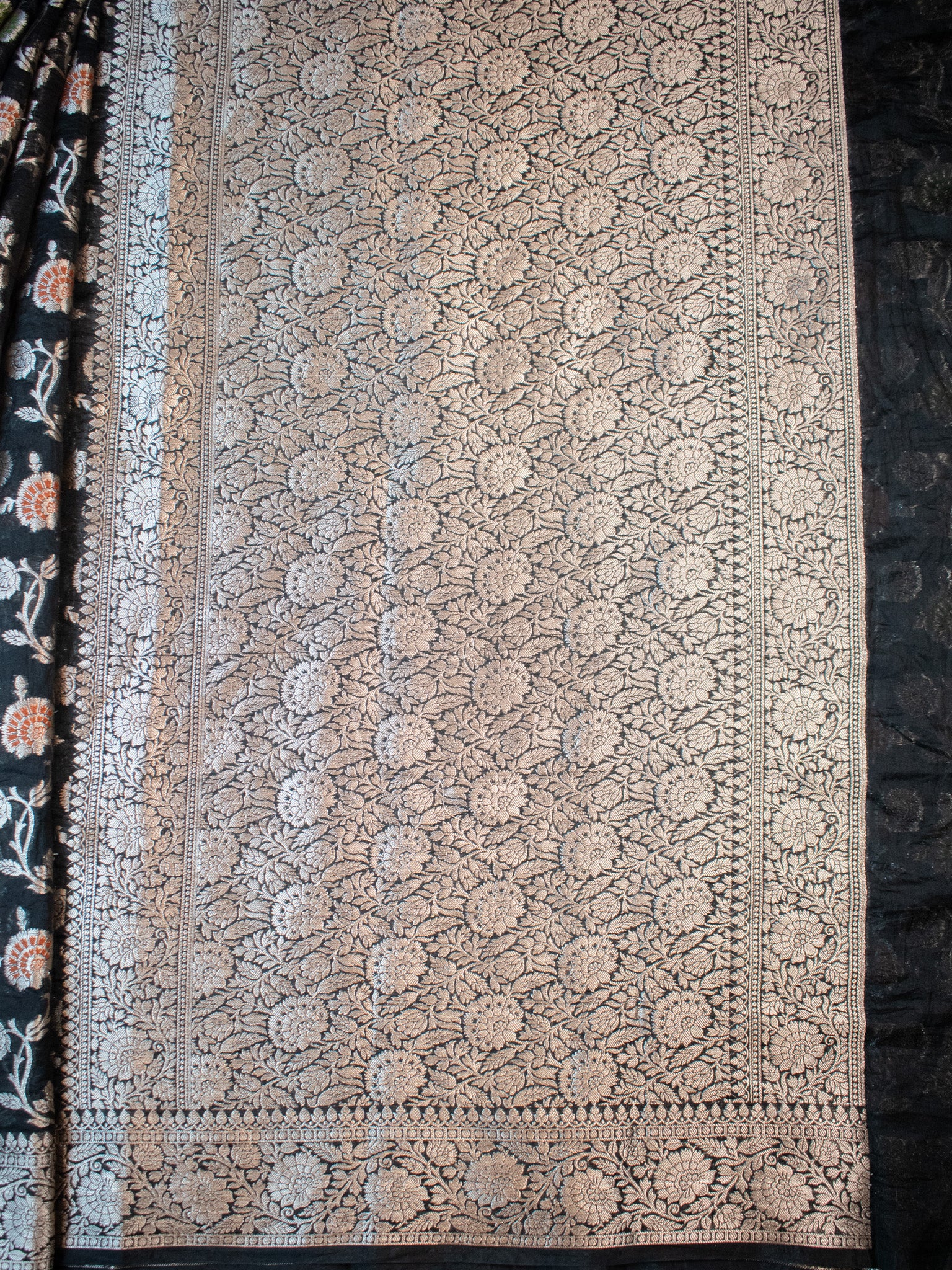 Banarasi Cotton Silk Saree Silver Zari Floral Weaving With Border- Black
