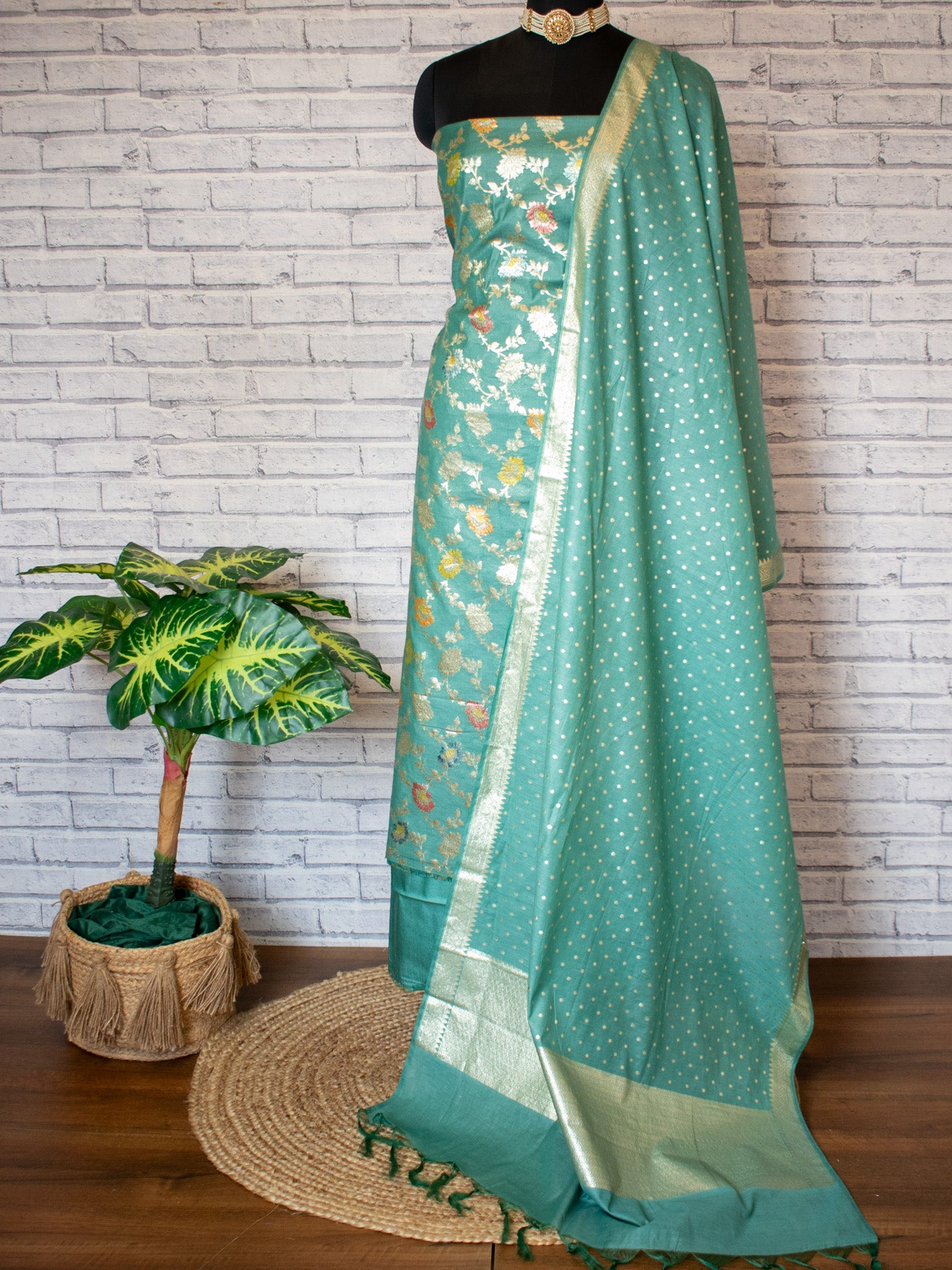 Banarasi Cotton Silk Salwar Kameez Material With Silver Zari Jaal Weaving & Dupatta-Blue