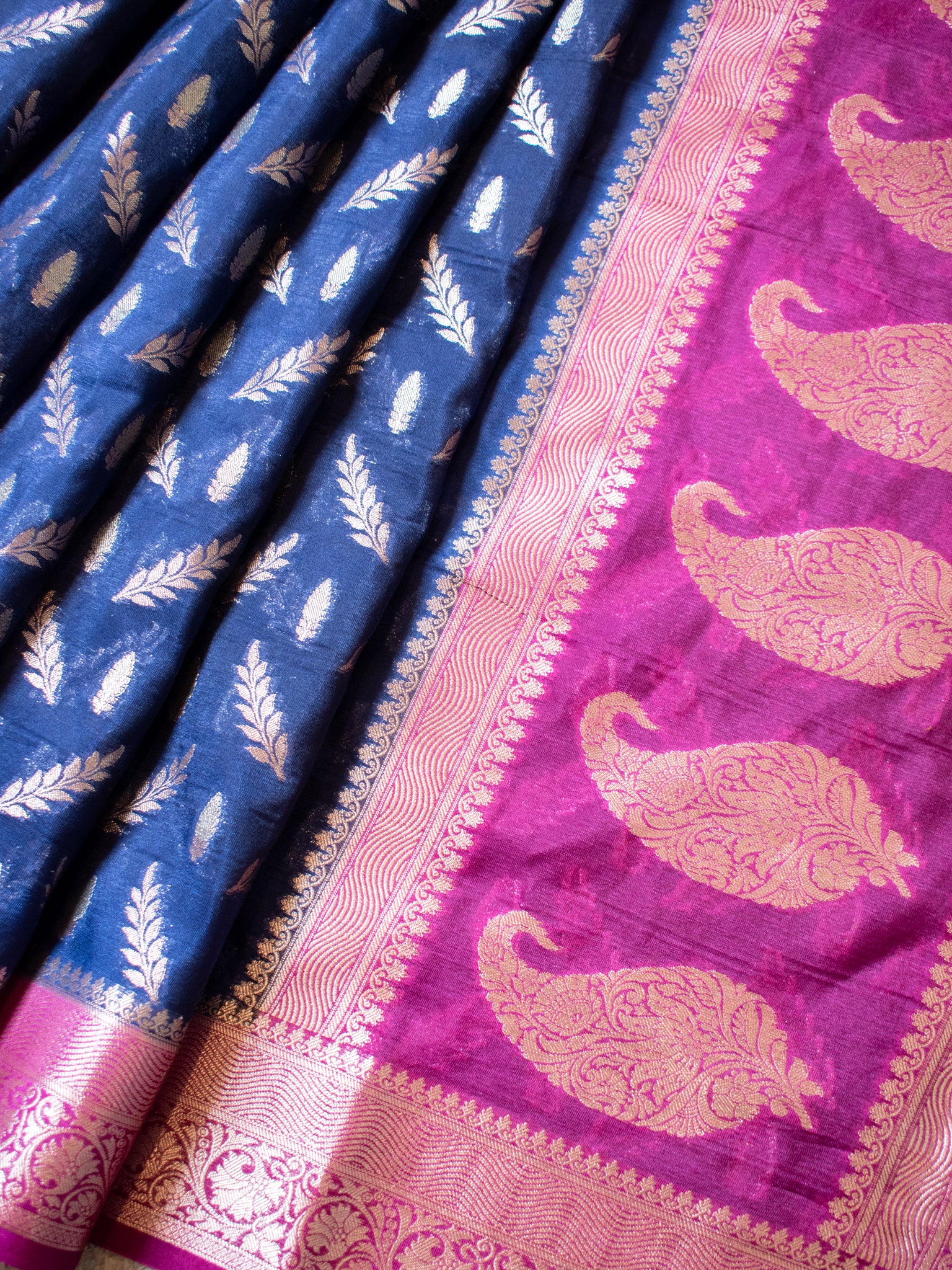 Banarasi Semi Silk Saree With Silver Zari Weaving & Contrast Border- Blue