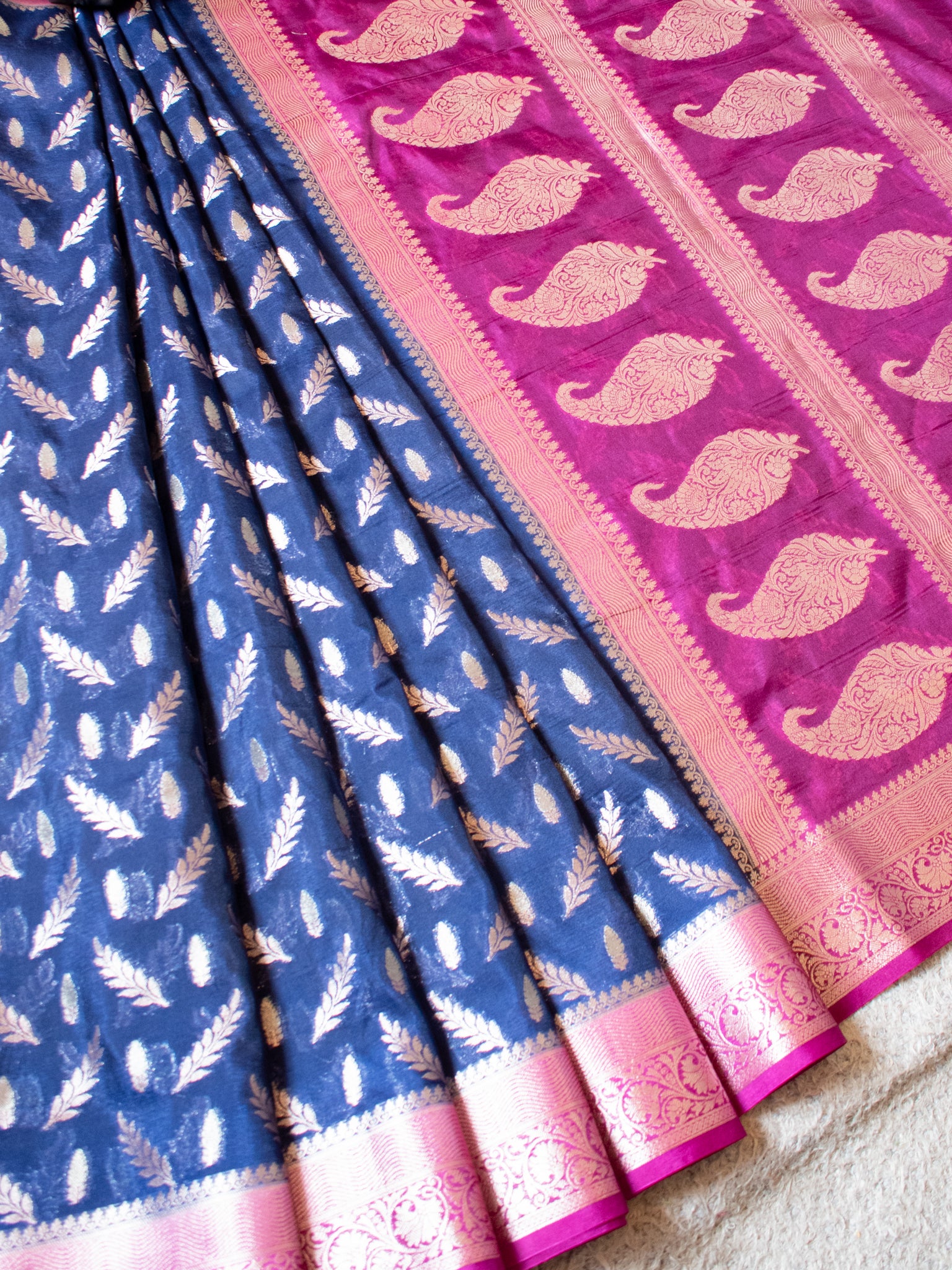 Banarasi Semi Silk Saree With Silver Zari Weaving & Contrast Border- Blue