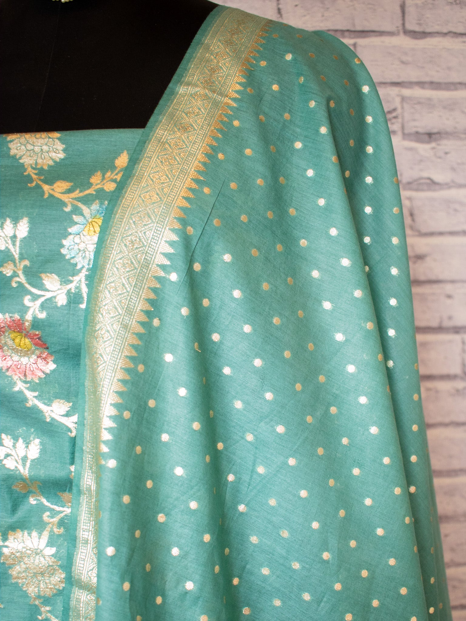 Banarasi Cotton Silk Salwar Kameez Material With Silver Zari Jaal Weaving & Dupatta-Blue