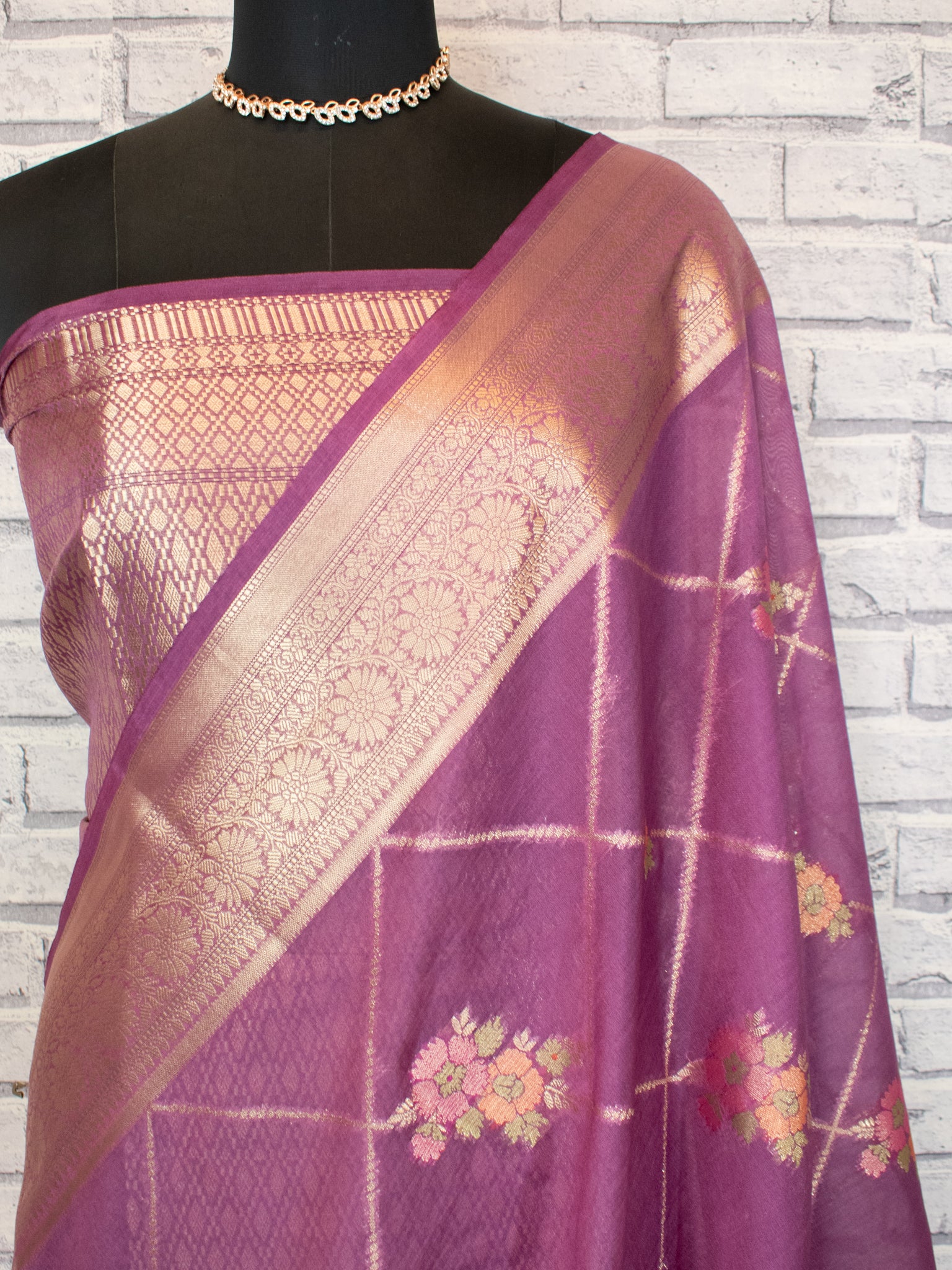 Banarasi Semi Georgette Saree with Floral Weaving & Border- Mauve
