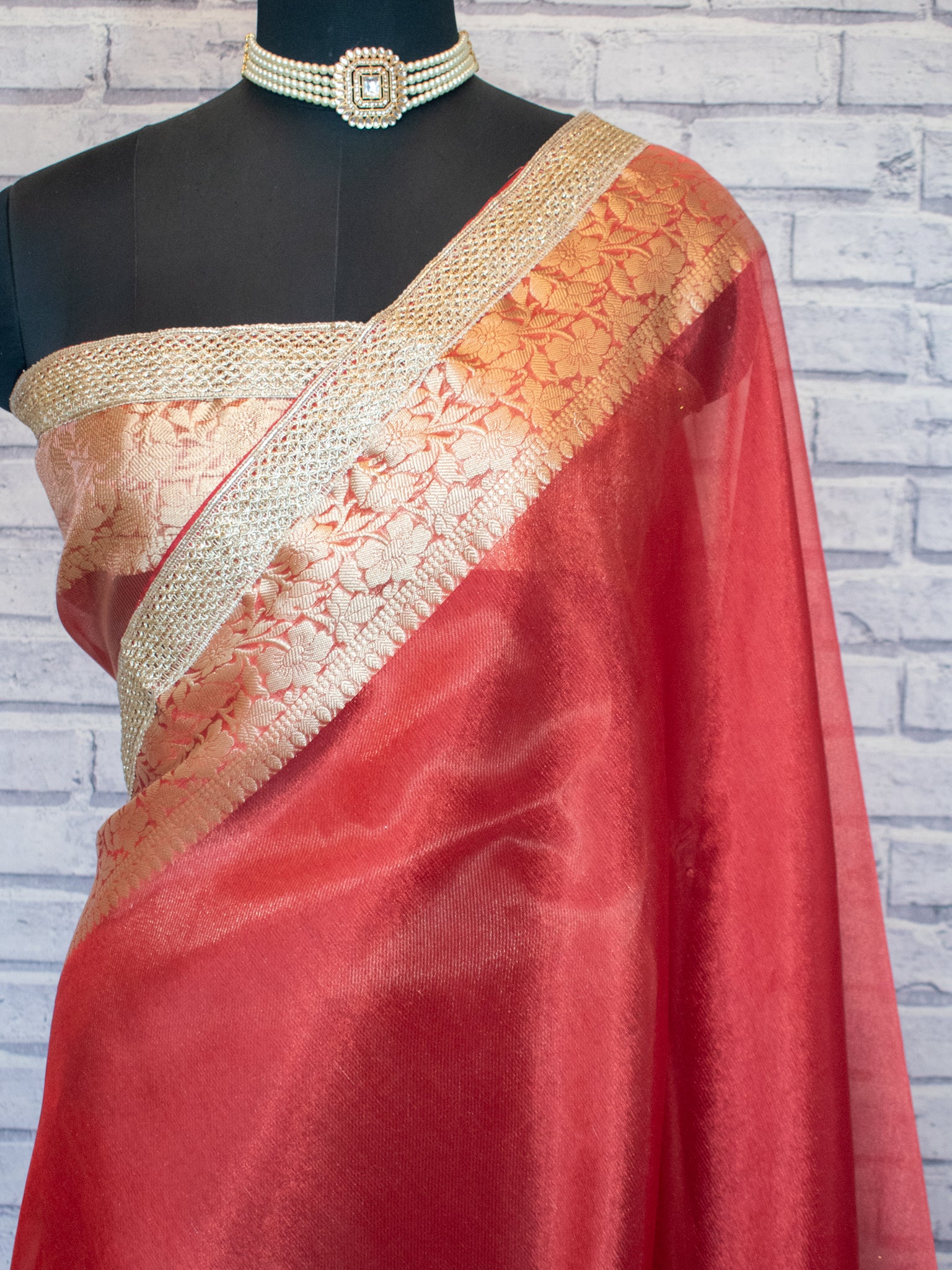 Banarasi Tissue Saree With Lace Border- Red