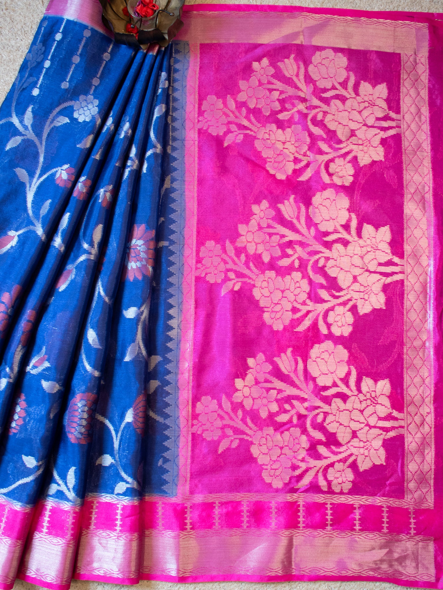 Banarasi Cotton Mix Saree with Floral Weaving & Border- Blue