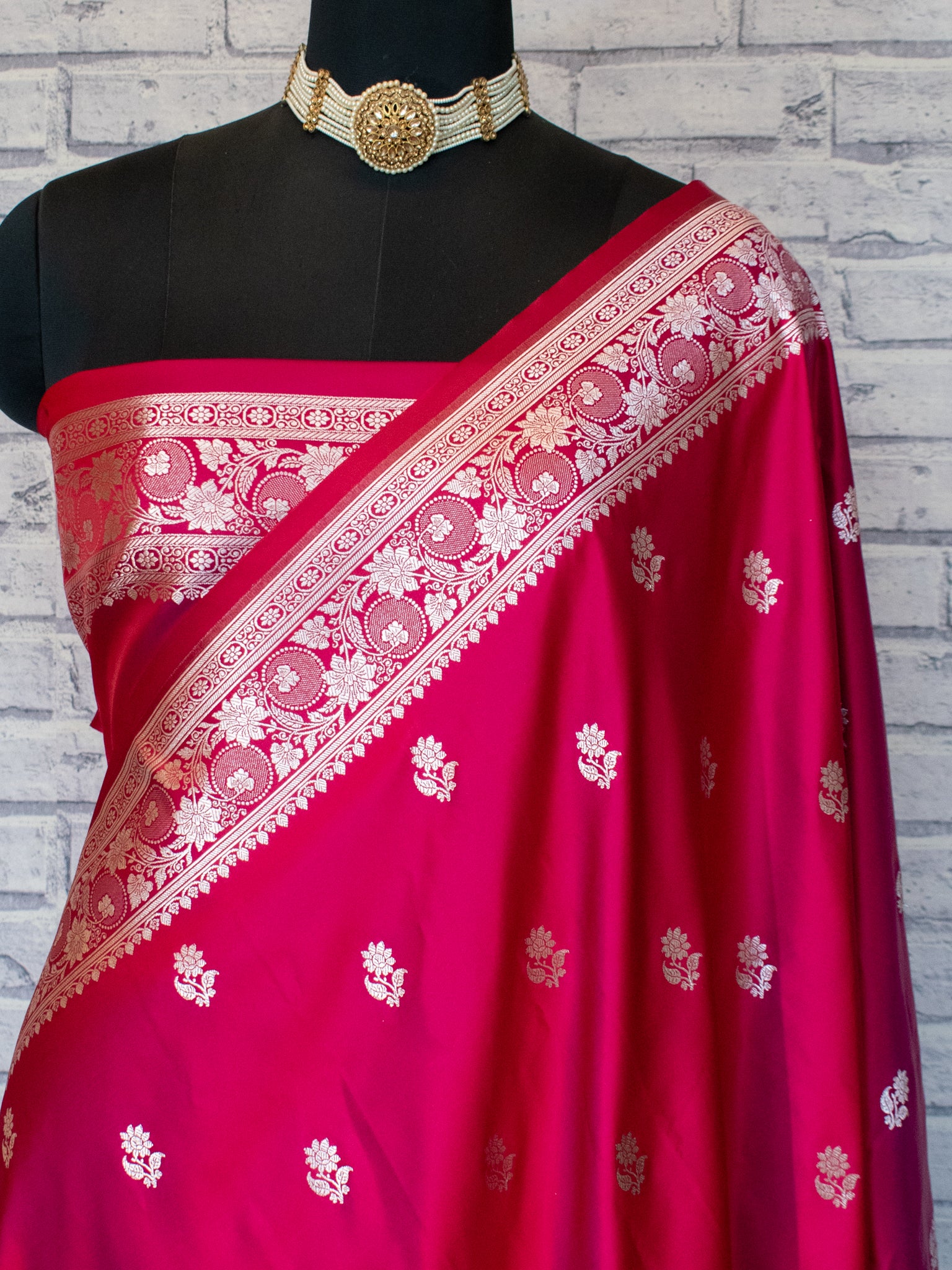 Banarasi Mashru Silk Saree With Buti & Border- Magenta
