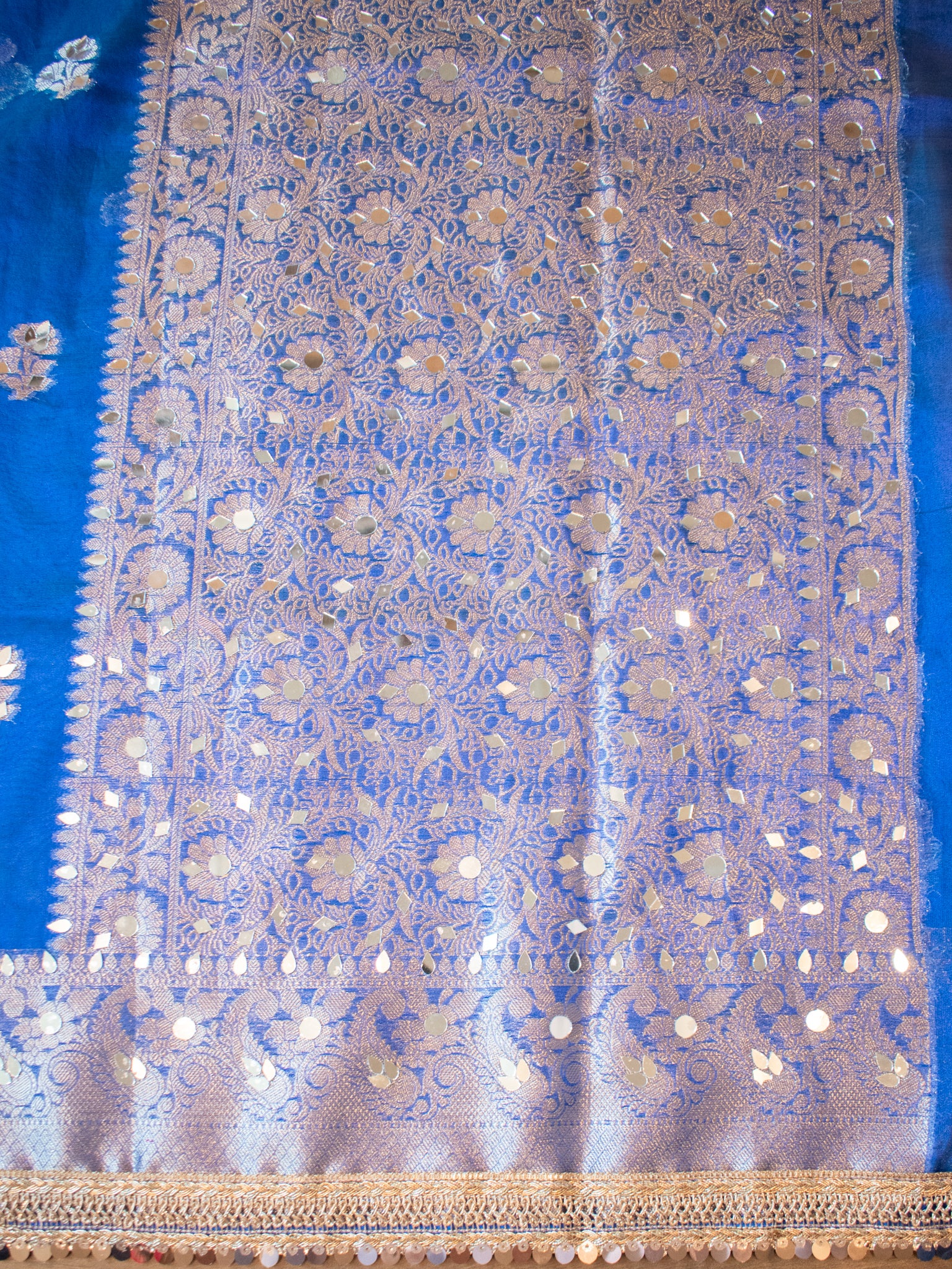 Banarasi Tissue Saree With Mirror Work & Lace Border- Blue