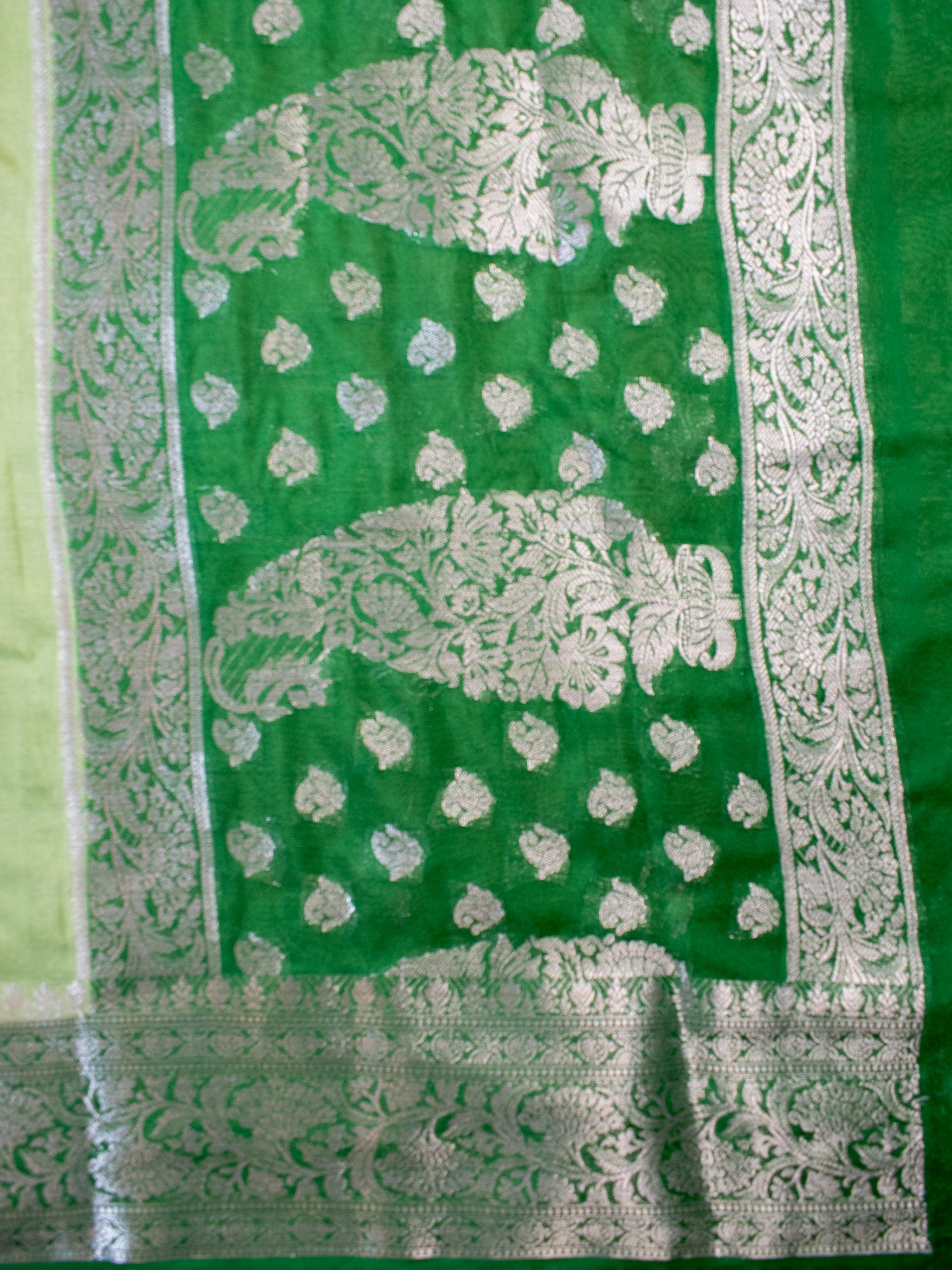 Banarasi Semi Chiffon Saree Silver Zari Buti Weaving With Contrast Border- Green