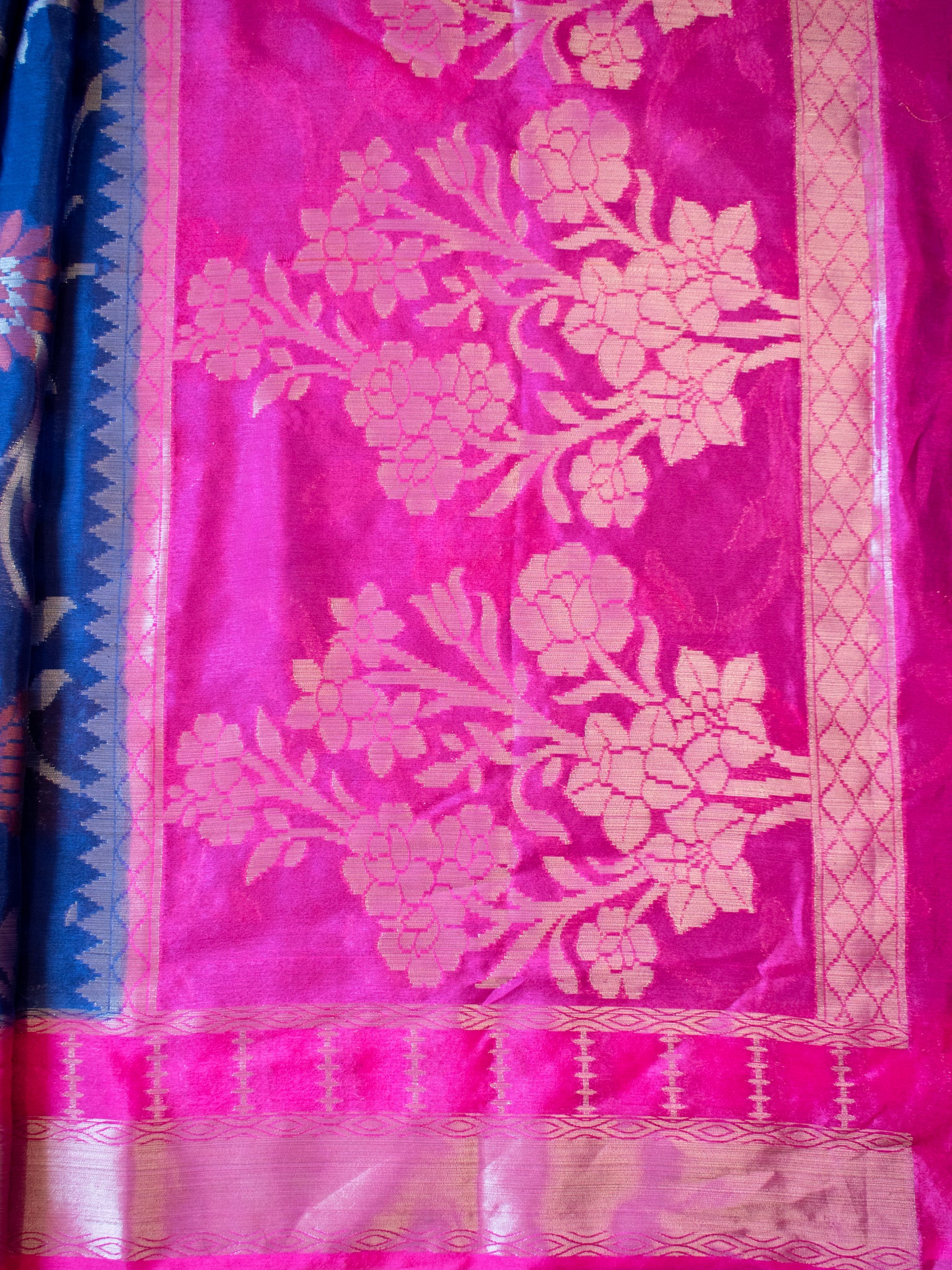 Banarasi Cotton Mix Saree with Floral Weaving & Border- Blue