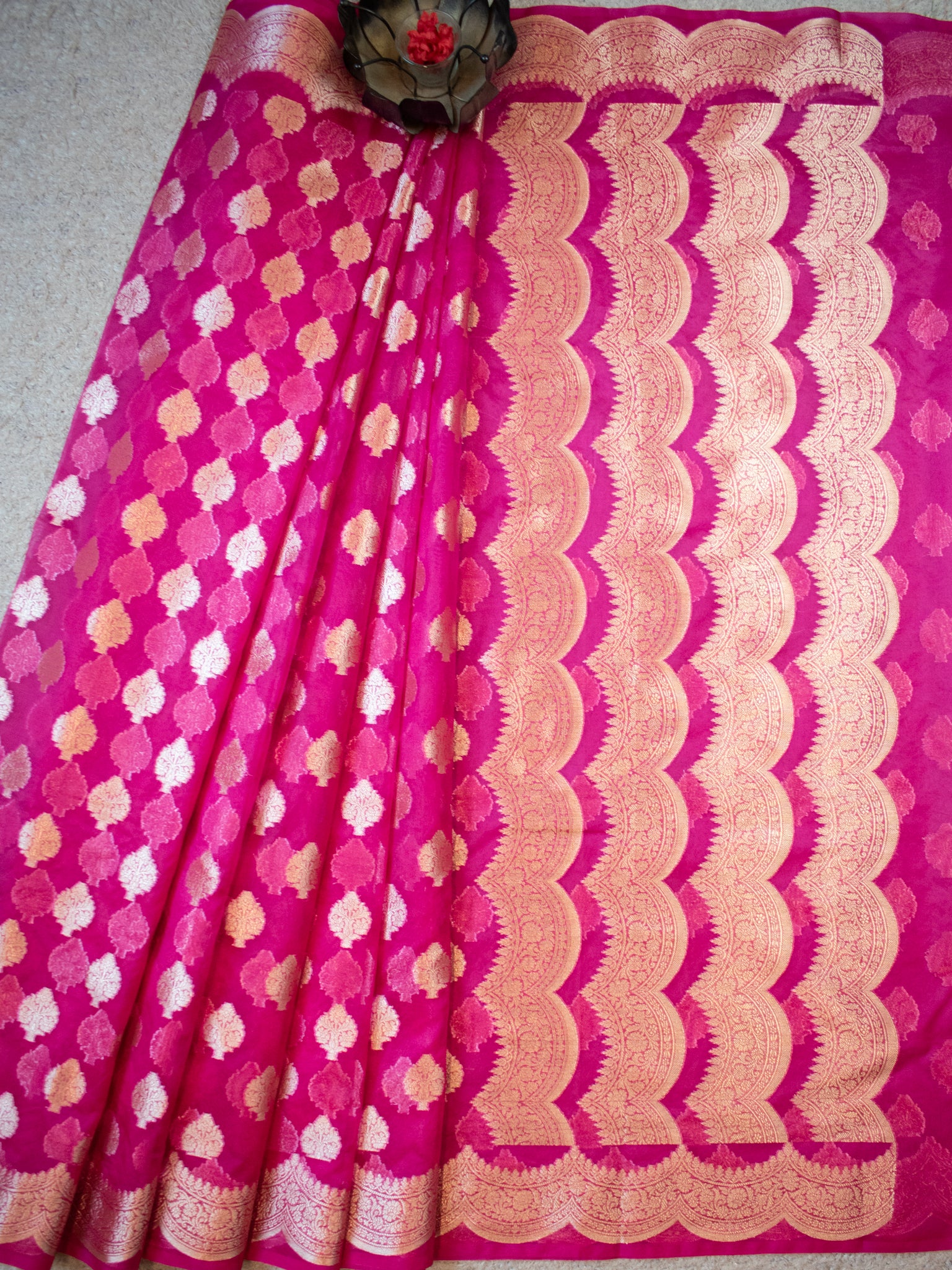 Banarasi Organza Saree With Zari Buta & Border- Magenta