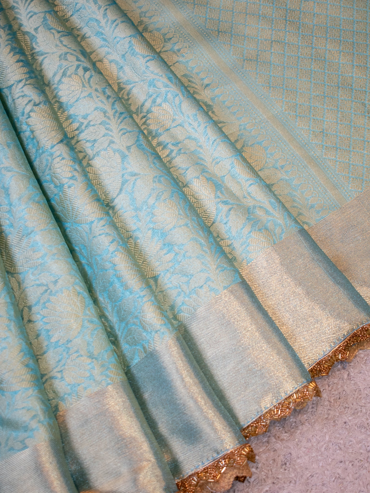 Banarasi Tissue Saree With Lace Border - Aqua Blue