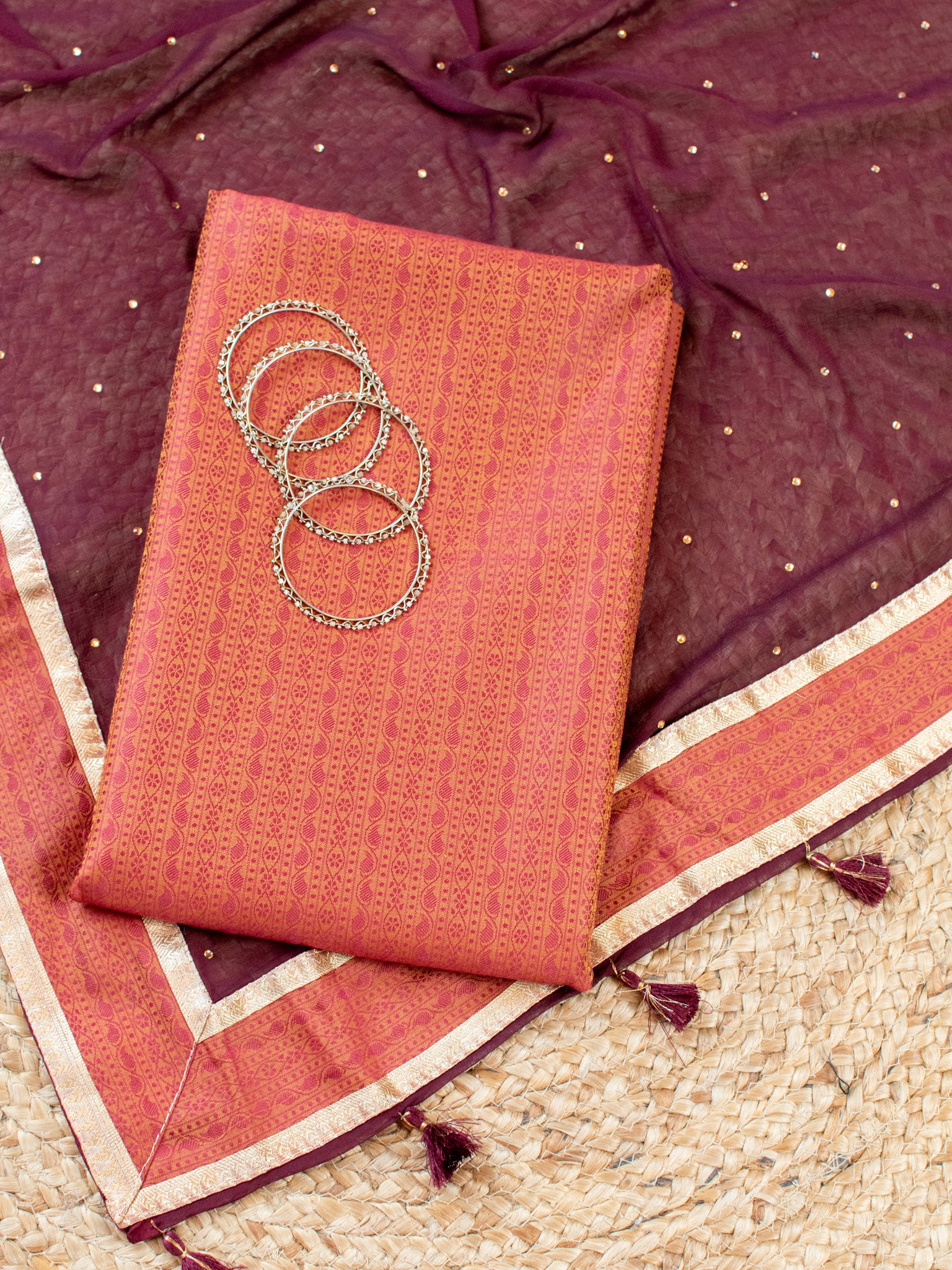 Banarasi Cotton Silk Resham Weaving Salwar Kameez Material With Dupatta- Orange