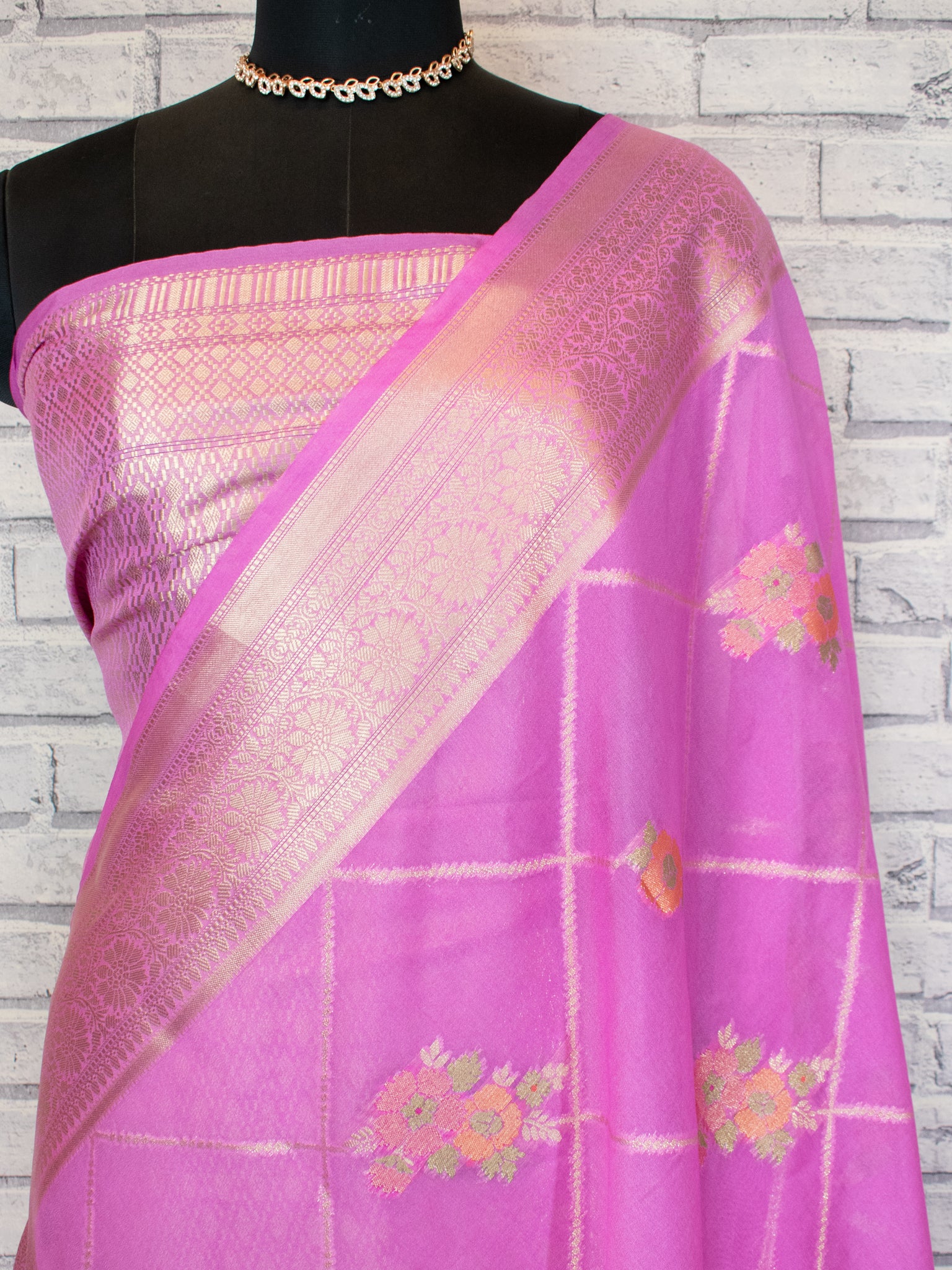 Banarasi Semi Georgette Saree with Floral Weaving & Border-Pink