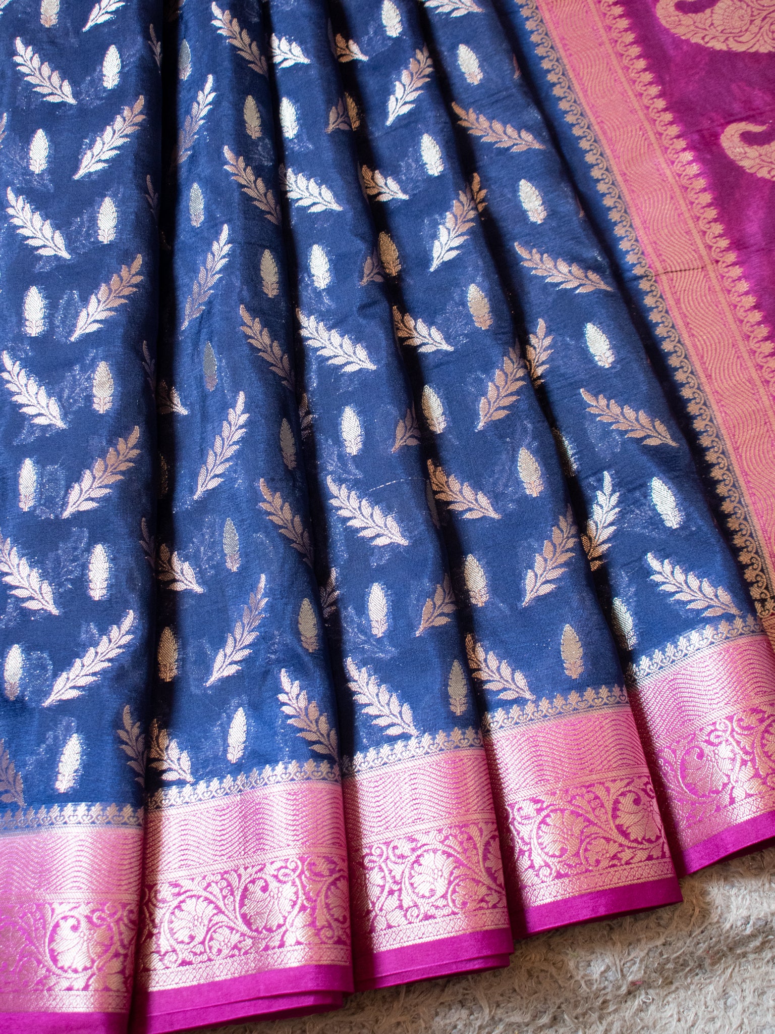 Banarasi Semi Silk Saree With Silver Zari Weaving & Contrast Border- Blue