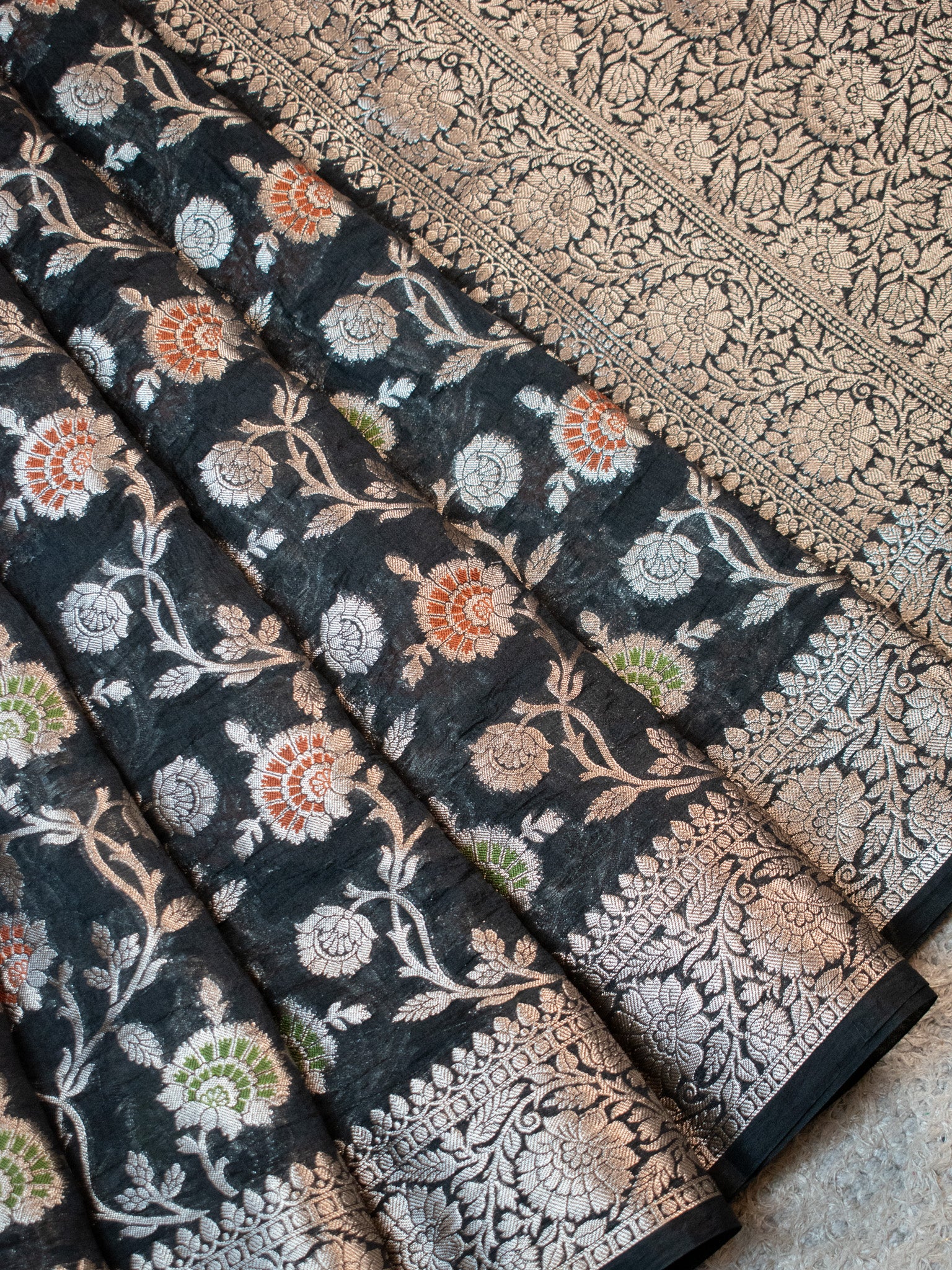 Banarasi Cotton Silk Saree Silver Zari Floral Weaving With Border- Black