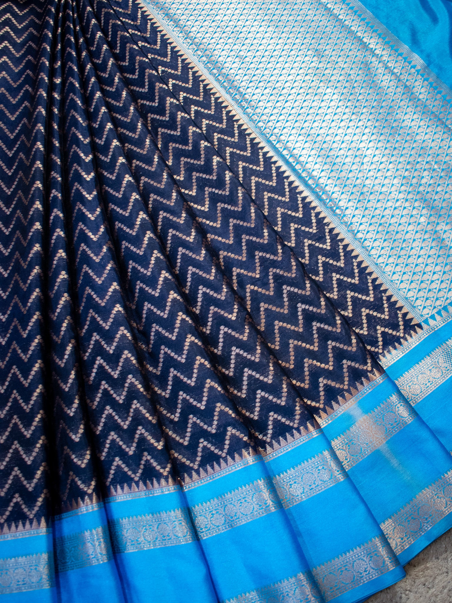Banarasi Cotton Silk Saree With Silver Zari Border-Blue