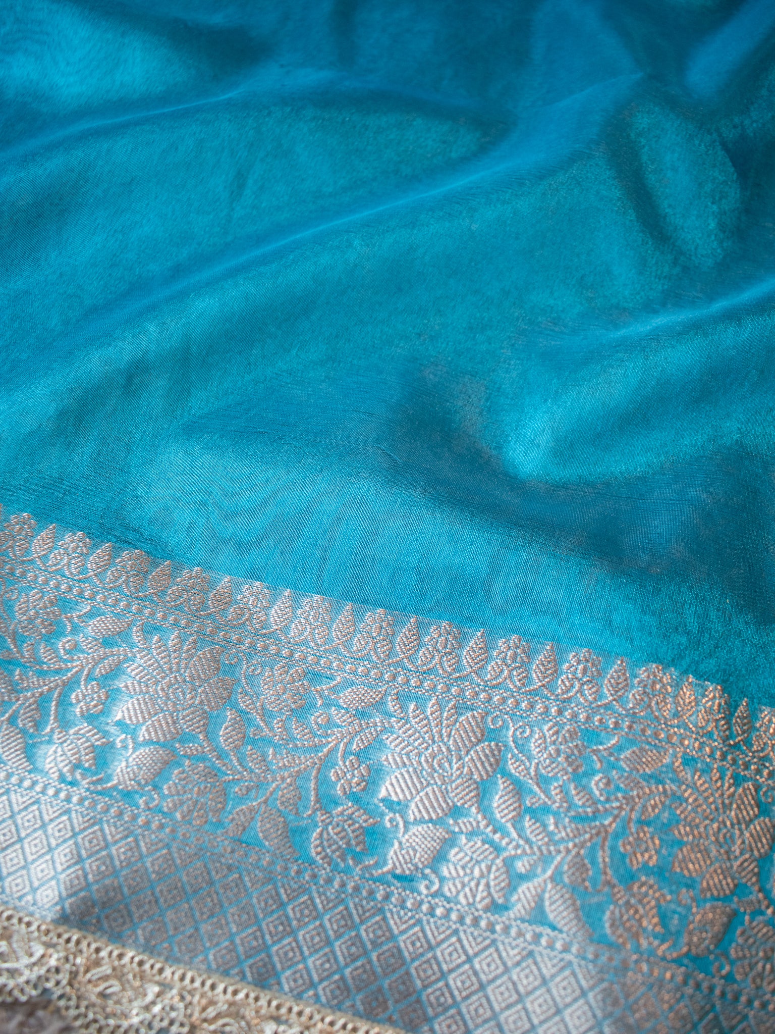 Banarasi Plain Tissue Saree With Lace Border - Blue