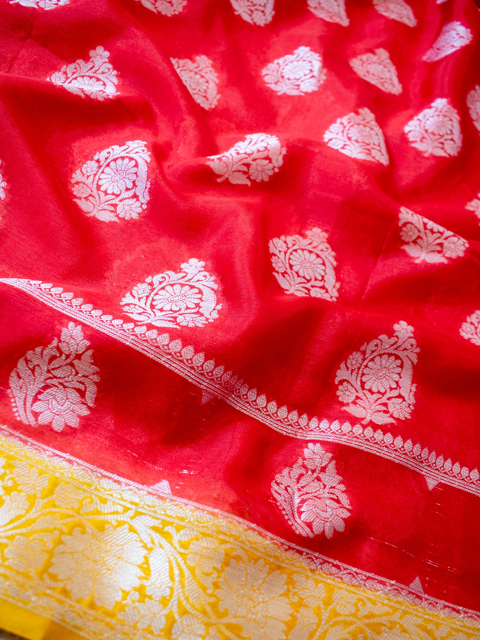 Banarasi Dupion Warm Silk Saree With Silver Buta & Contrast Border- Red