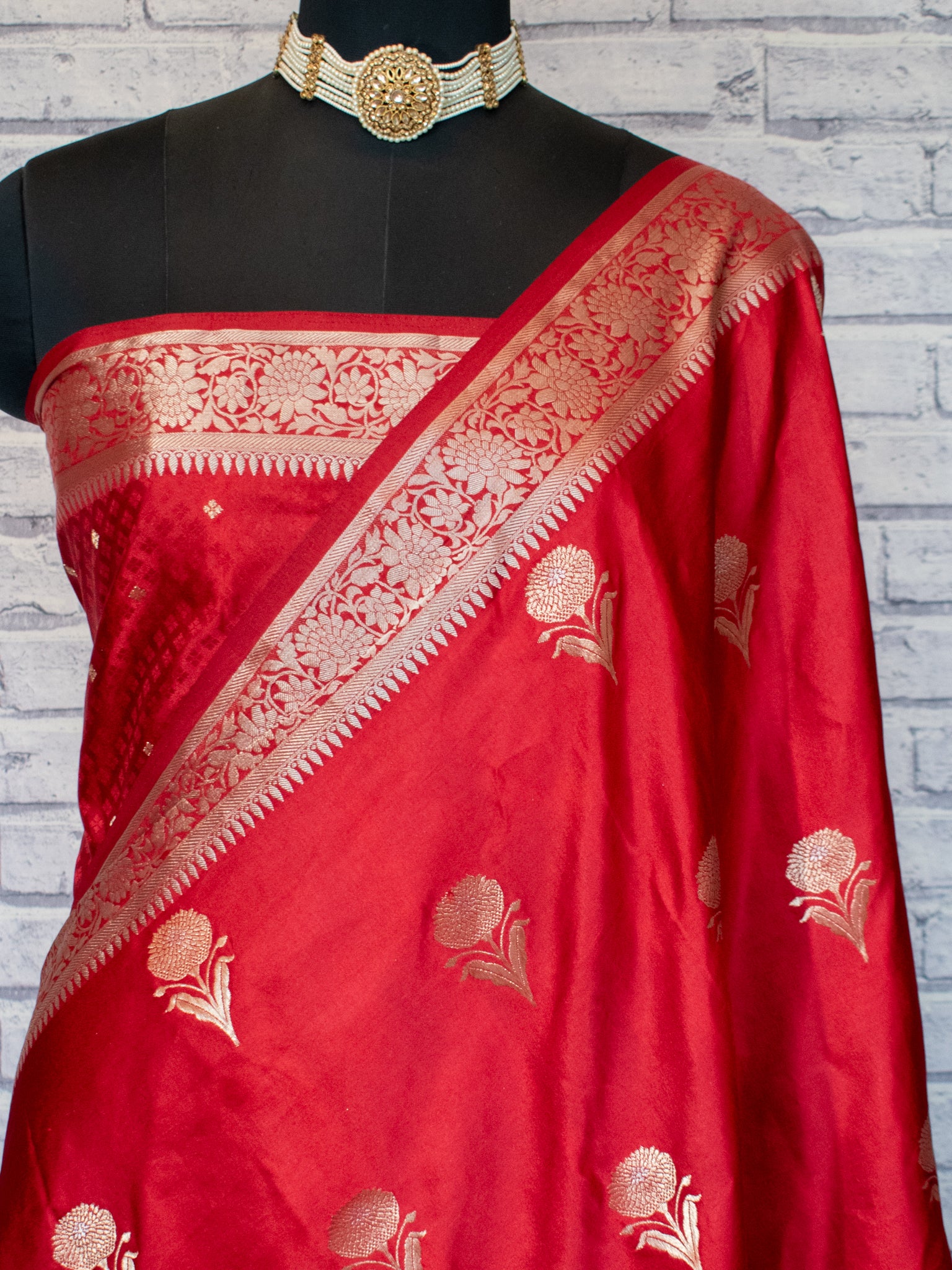 Banarasi Mashru Silk Saree With Buti & Border- Red