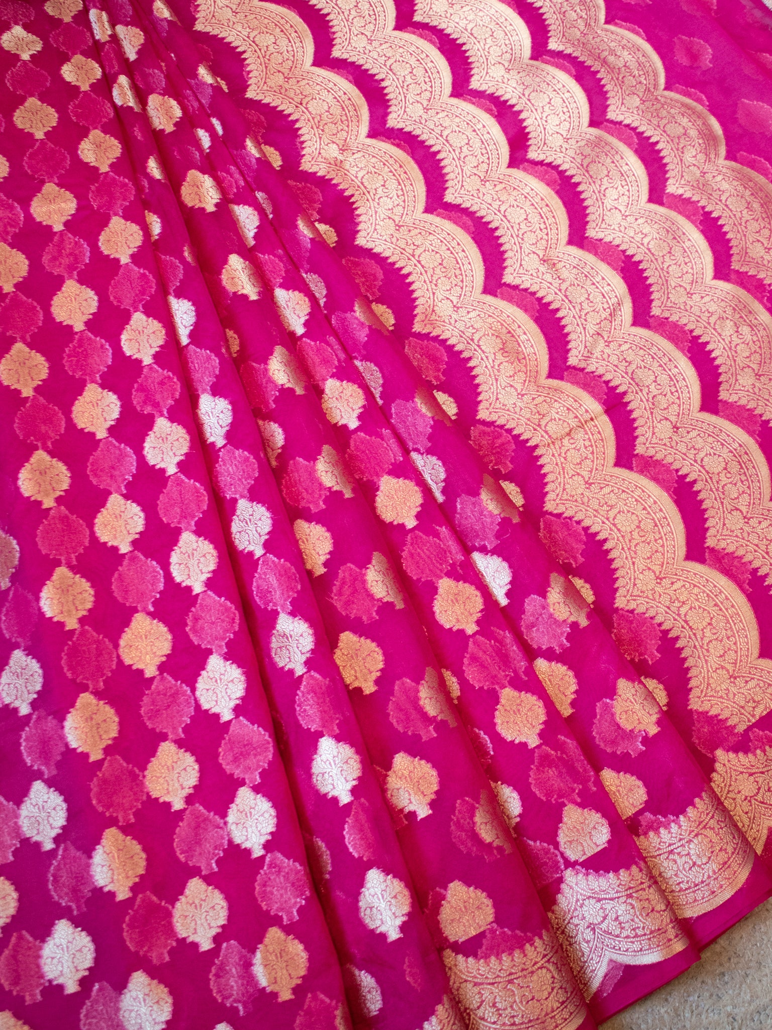 Banarasi Organza Saree With Zari Buta & Border- Magenta