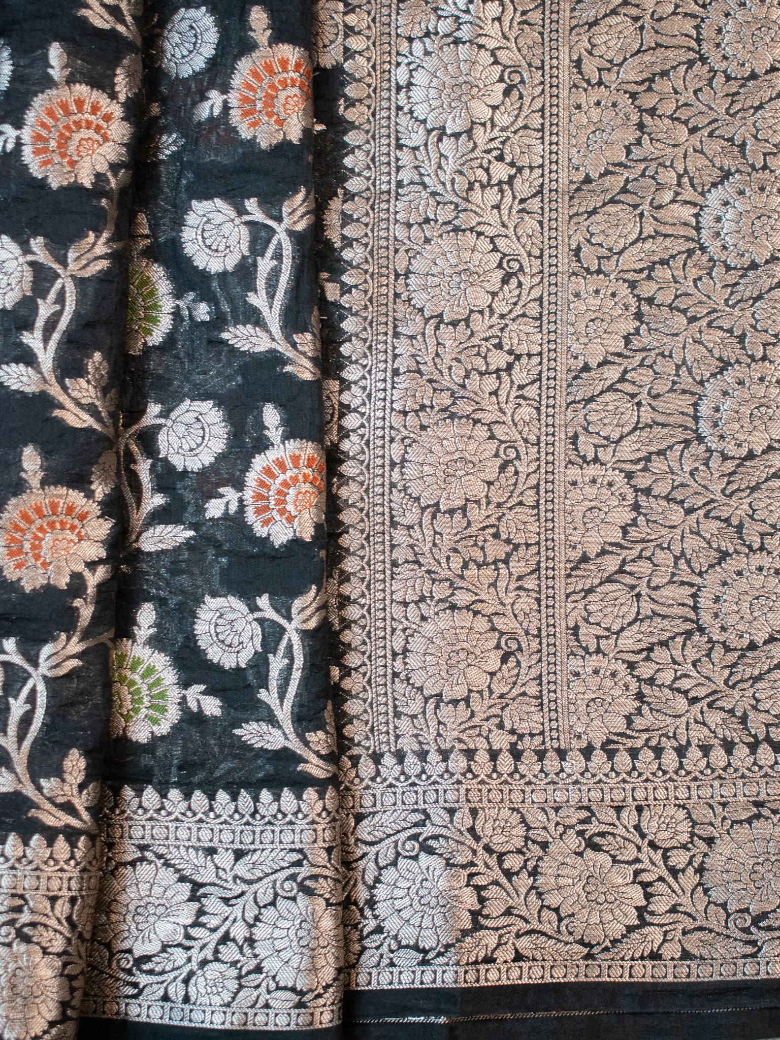 Banarasi Cotton Silk Saree Silver Zari Floral Weaving With Border- Black