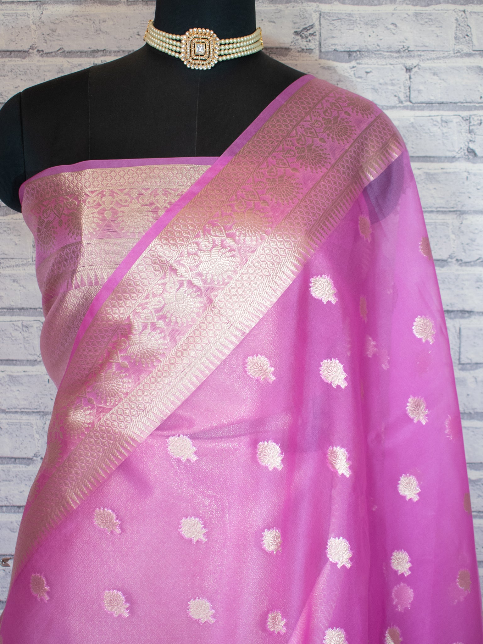 Banarasi Organza Mix Saree With Zari Weaving & Border- Pink