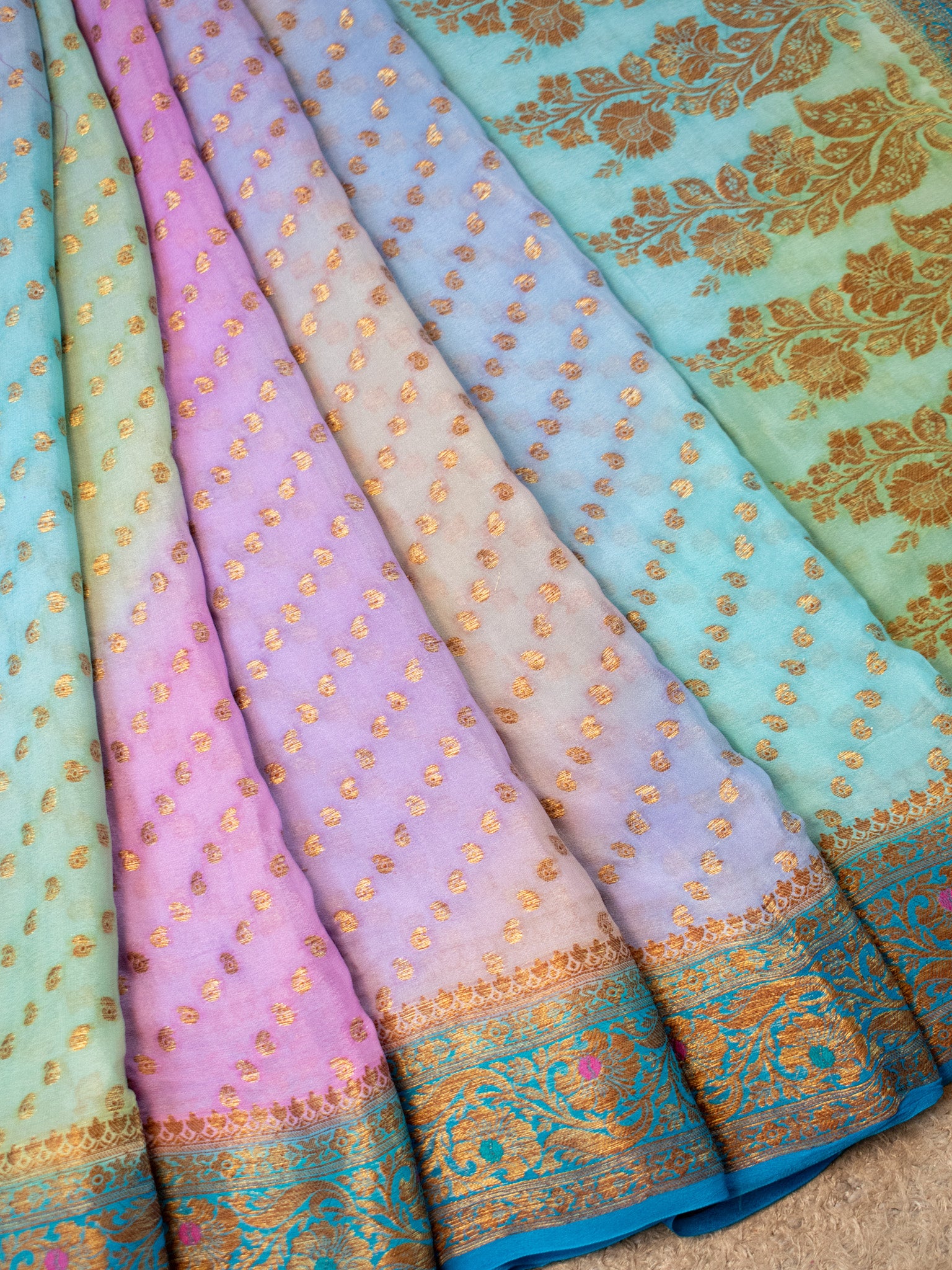 Banaras Pure Georgette Shaded Saree With Antique Resham Weaving- Sky Blue