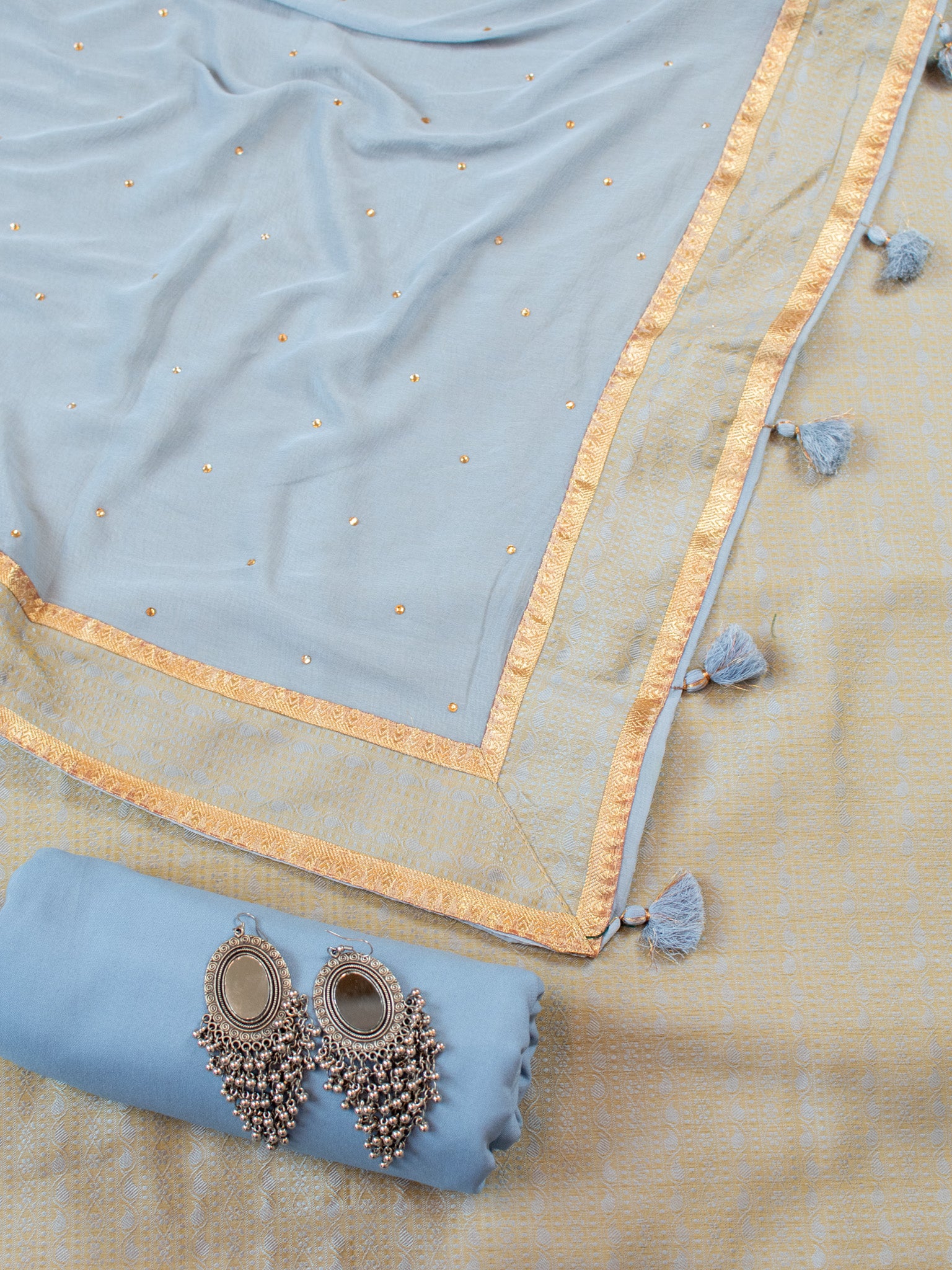 Banarasi Cotton Silk Resham Weaving Salwar Kameez Material With Dupatta-Grey