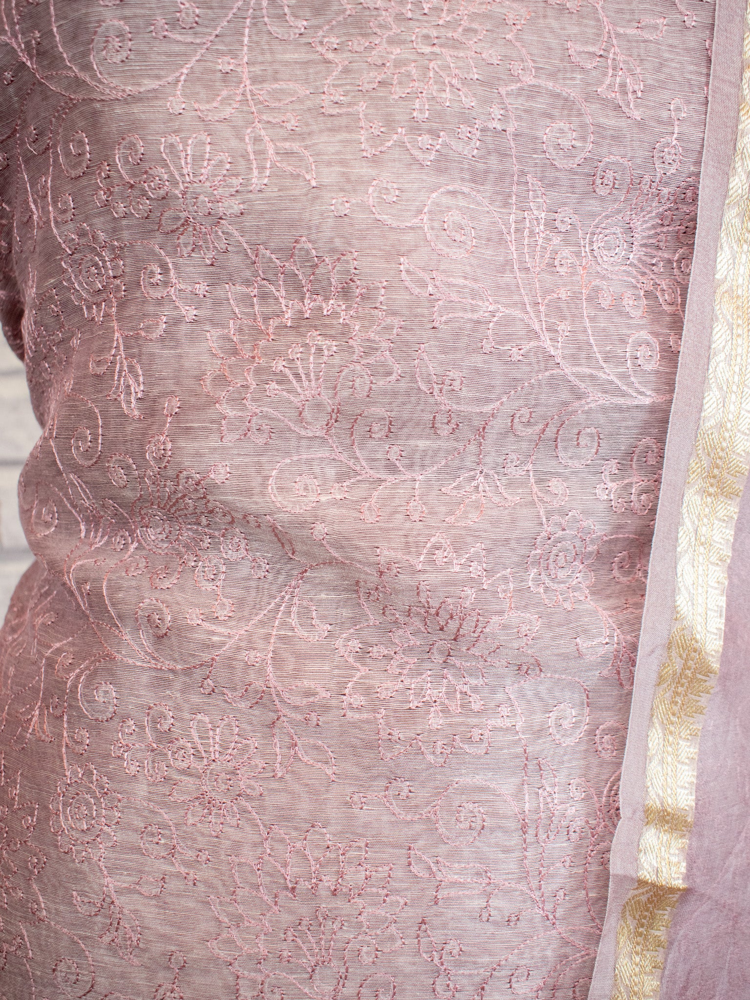 Banarasi Soft Embroidered Cotton Salwar Kameez Fabric With Organza Dupatta- Light Mauve