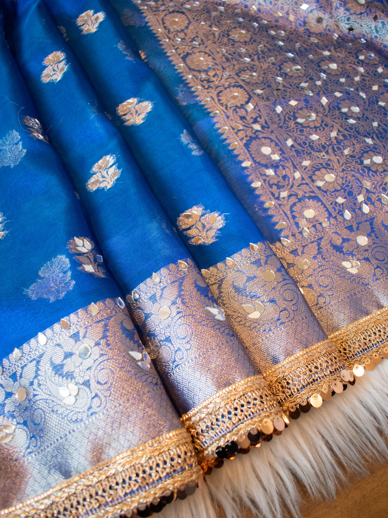 Banarasi Tissue Saree With Mirror Work & Lace Border- Blue