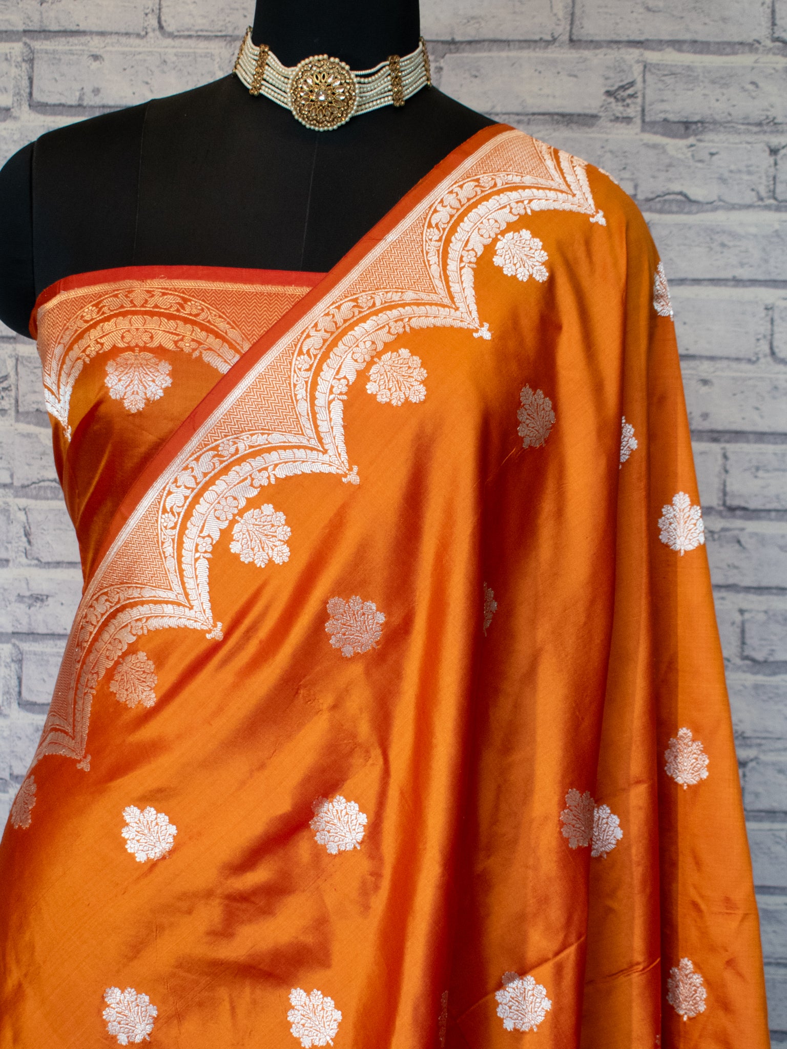 Banarasi Pure Katan Saree With Buti & Border- Orange