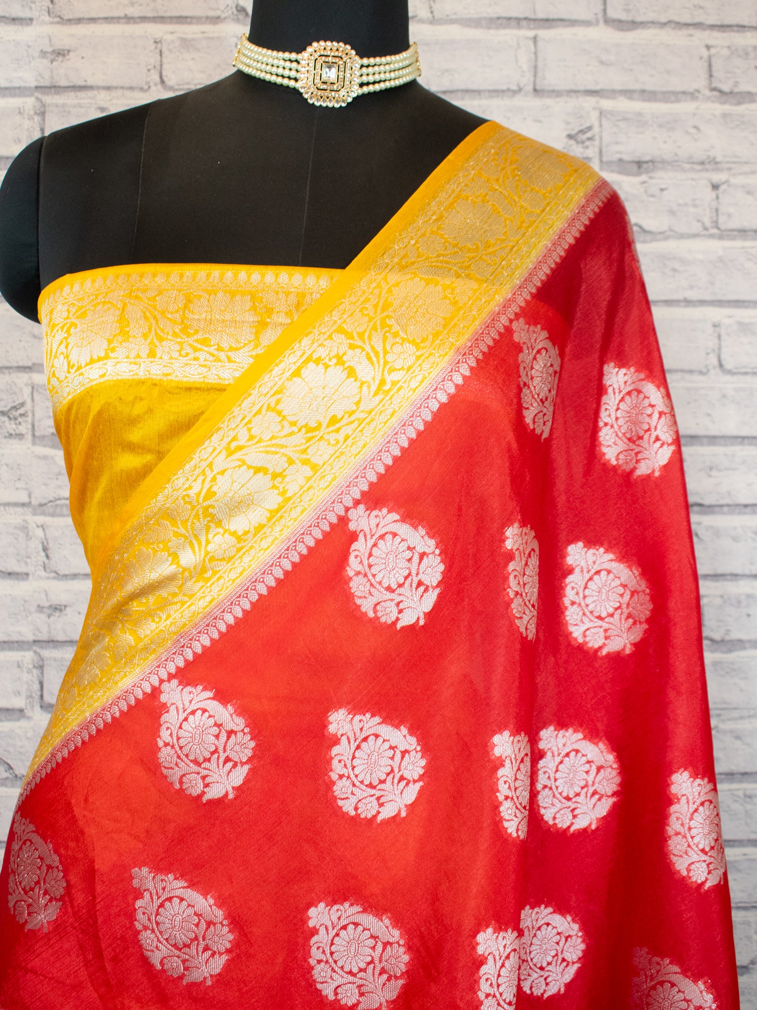 Banarasi Dupion Warm Silk Saree With Silver Buta & Contrast Border- Red