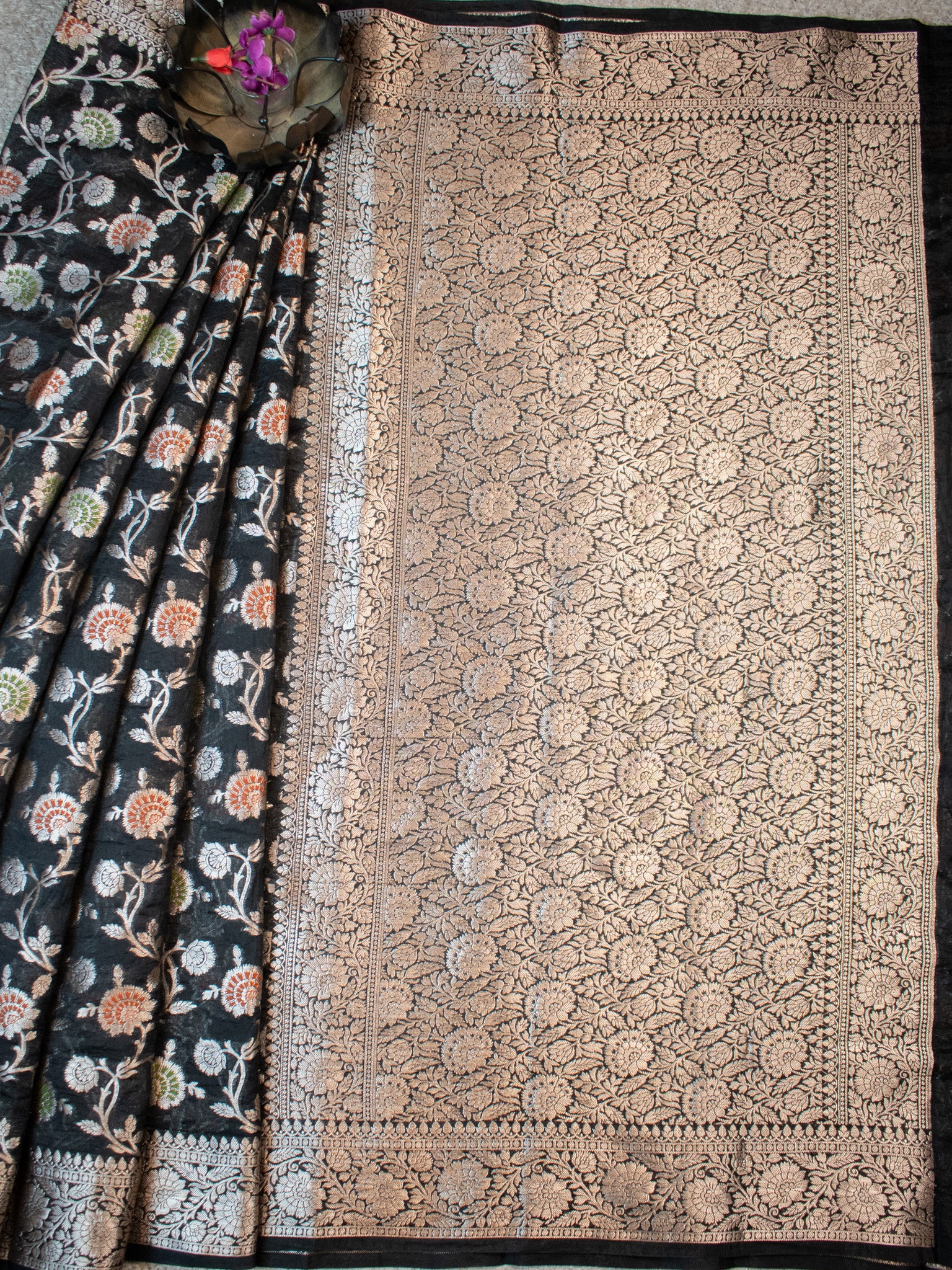 Banarasi Cotton Silk Saree Silver Zari Floral Weaving With Border- Black